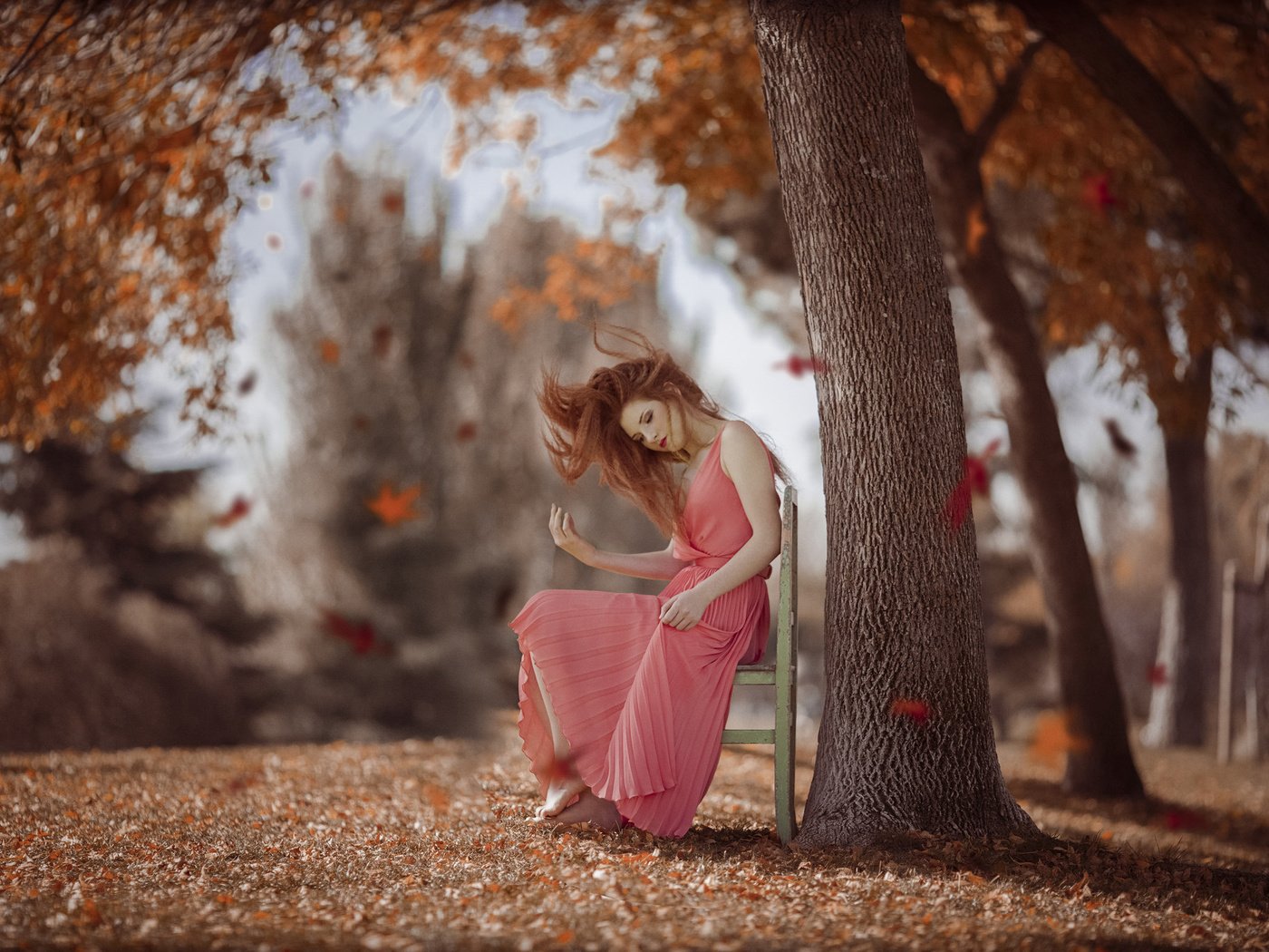 Обои деревья, листья, девушка, настроение, осень, рыжеволосая, trees, leaves, girl, mood, autumn, redhead разрешение 2048x1365 Загрузить