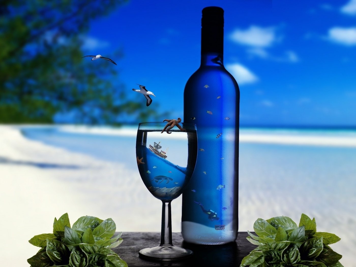 Обои море, бокал, бутылка, красивые, sea, glass, bottle, beautiful разрешение 1920x1200 Загрузить