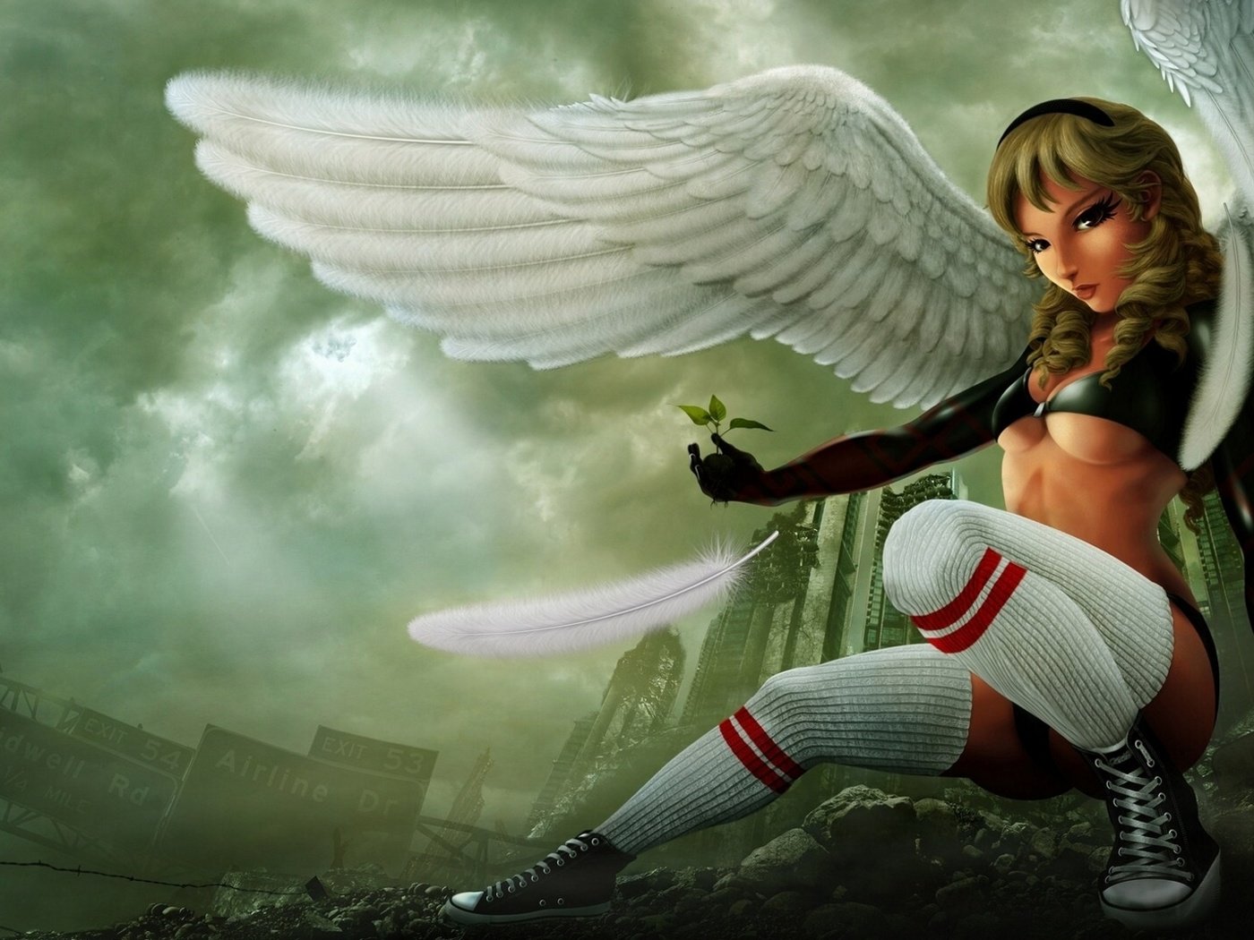 Обои девушка, крылья, кеды, ангел, перо, julio grimaldo, girl, wings, sneakers, angel, pen разрешение 1953x1080 Загрузить