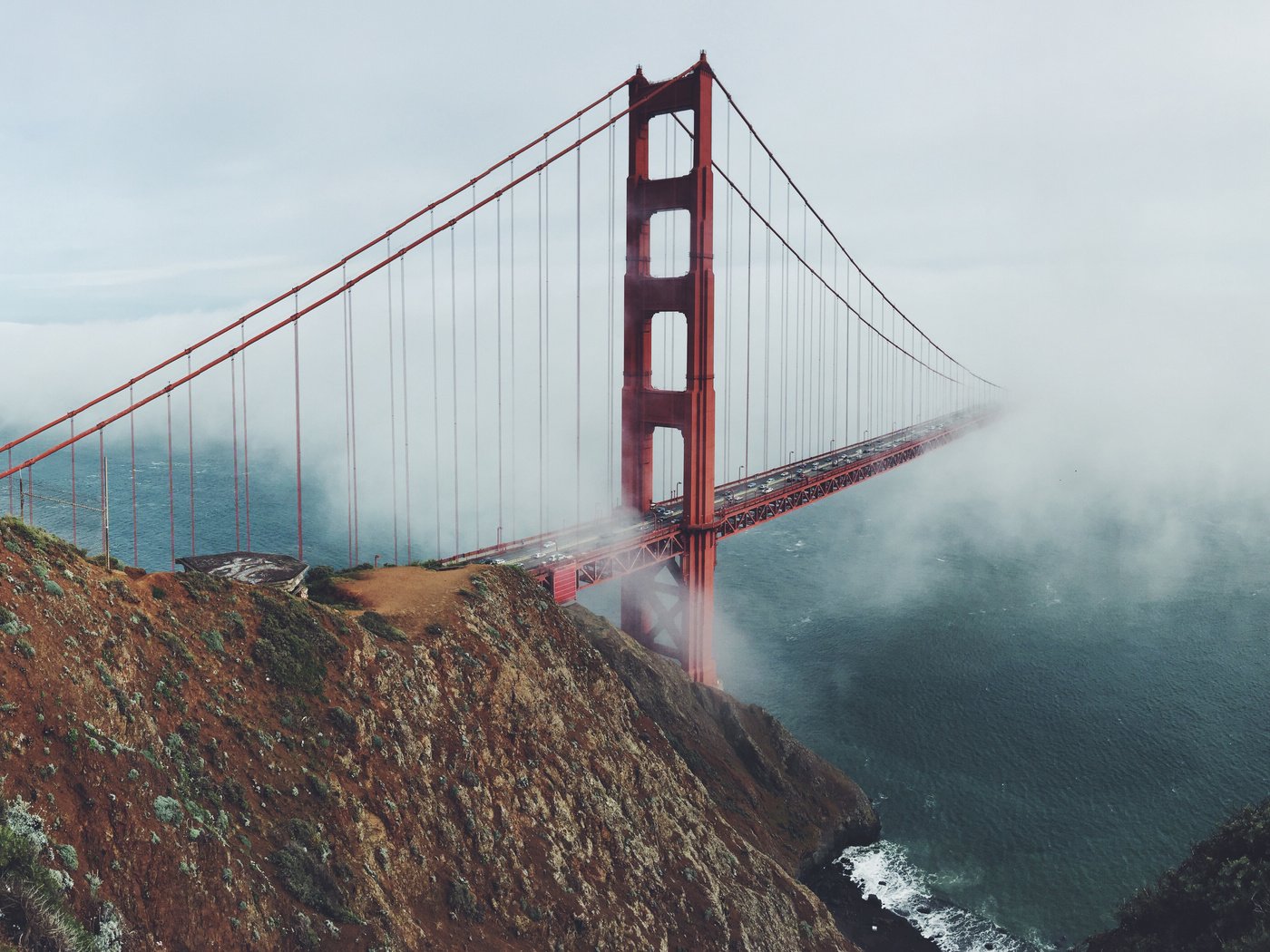 Обои скалы, море, туман, сан-франциско, золотые ворота, мост gate bridge, rocks, sea, fog, san francisco, golden gate, bridge gate bridge разрешение 6768x3150 Загрузить