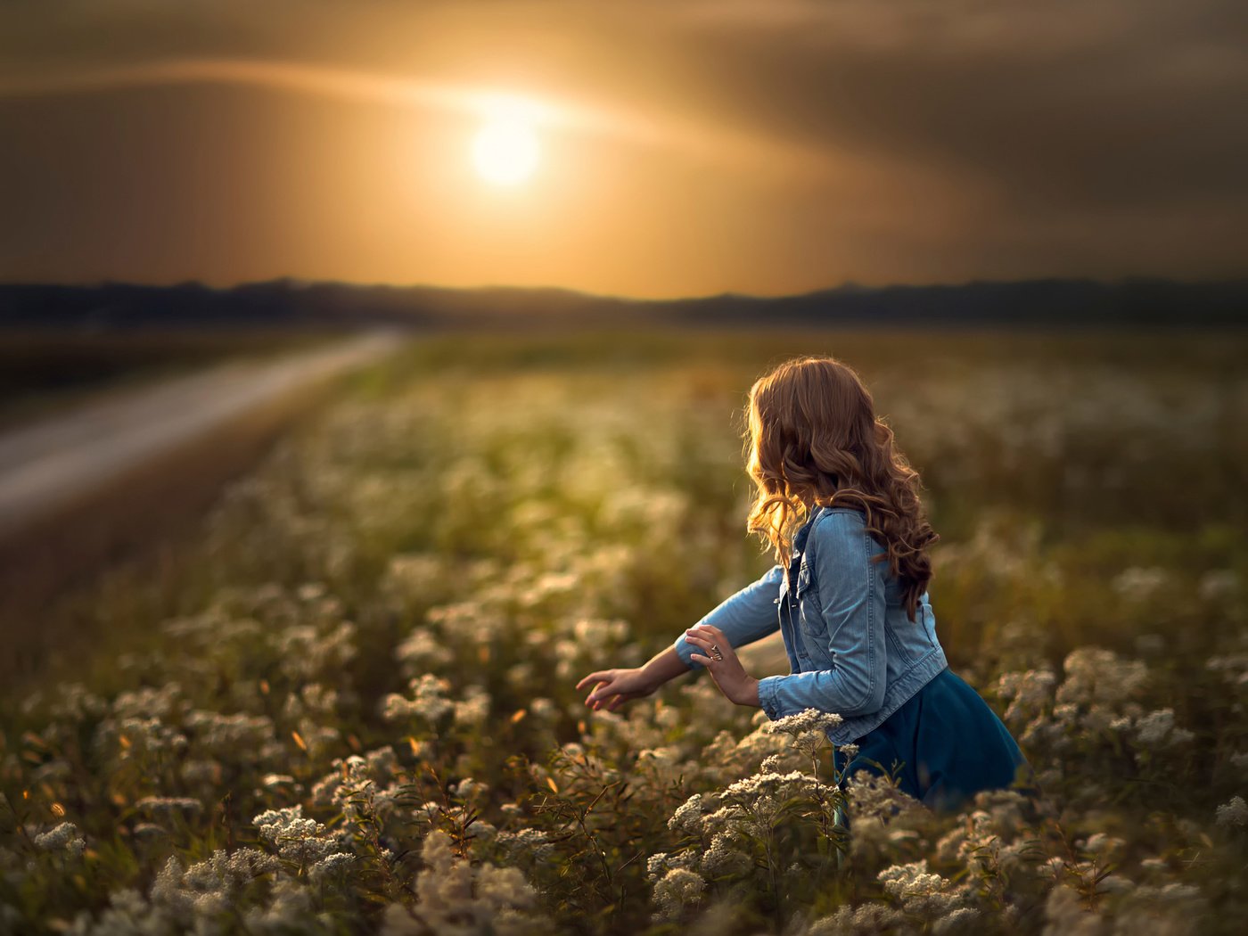 Обои дорога, цветы, солнце, девушка, поле, road, flowers, the sun, girl, field разрешение 2048x1829 Загрузить