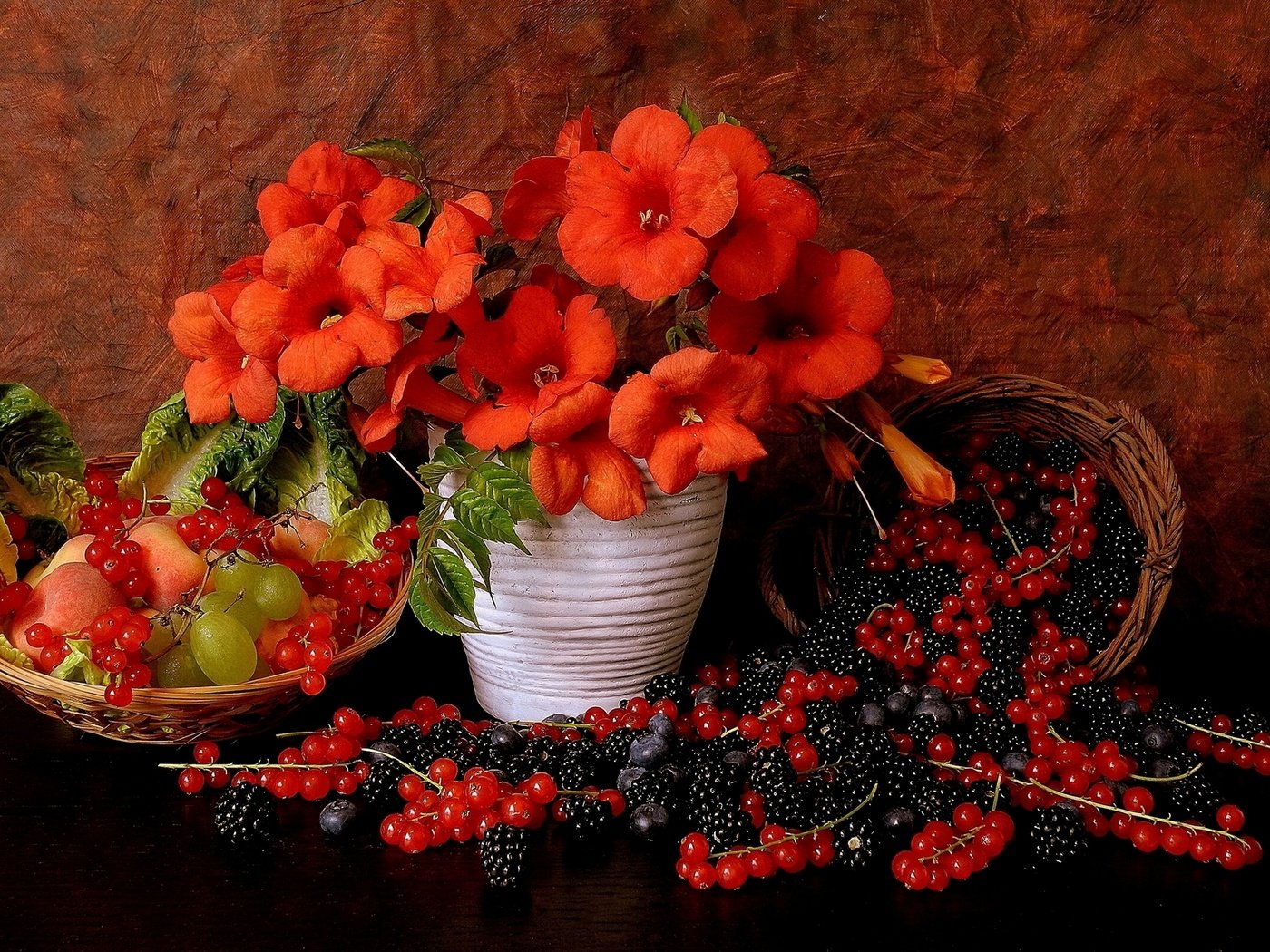 Обои цветы, виноград, ягоды, красная смородина, натюрморт, ежевика, flowers, grapes, berries, red currant, still life, blackberry разрешение 1920x1201 Загрузить