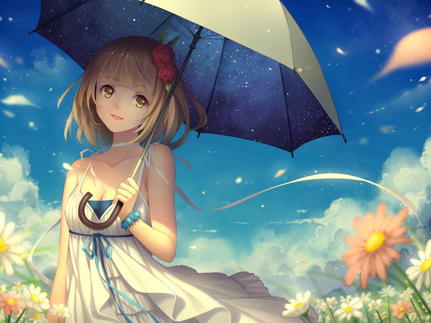 Обои цветы, арт, девушка, взгляд, аниме, зонт, flowers, art, girl, look, anime, umbrella разрешение 1920x1358 Загрузить