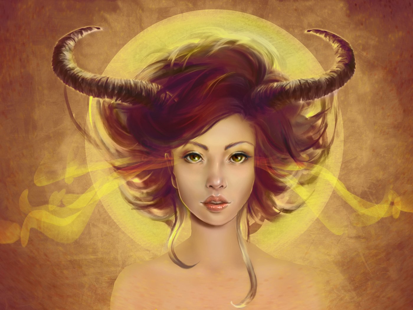 Обои арт, девушка, фон, взгляд, волосы, рога, демоница, art, girl, background, look, hair, horns, demoness разрешение 1920x1080 Загрузить