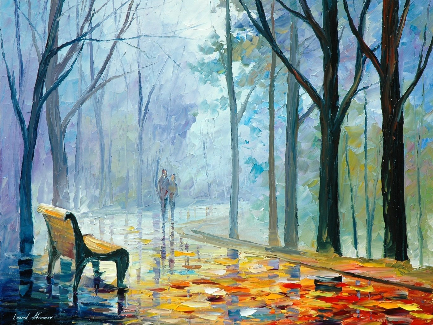 Обои деревья, лавочка, листья, leonid afremov, девушка, люди, осень, парень, пара, живопись, trees, shop, leaves, girl, people, autumn, guy, pair, painting разрешение 2292x1804 Загрузить