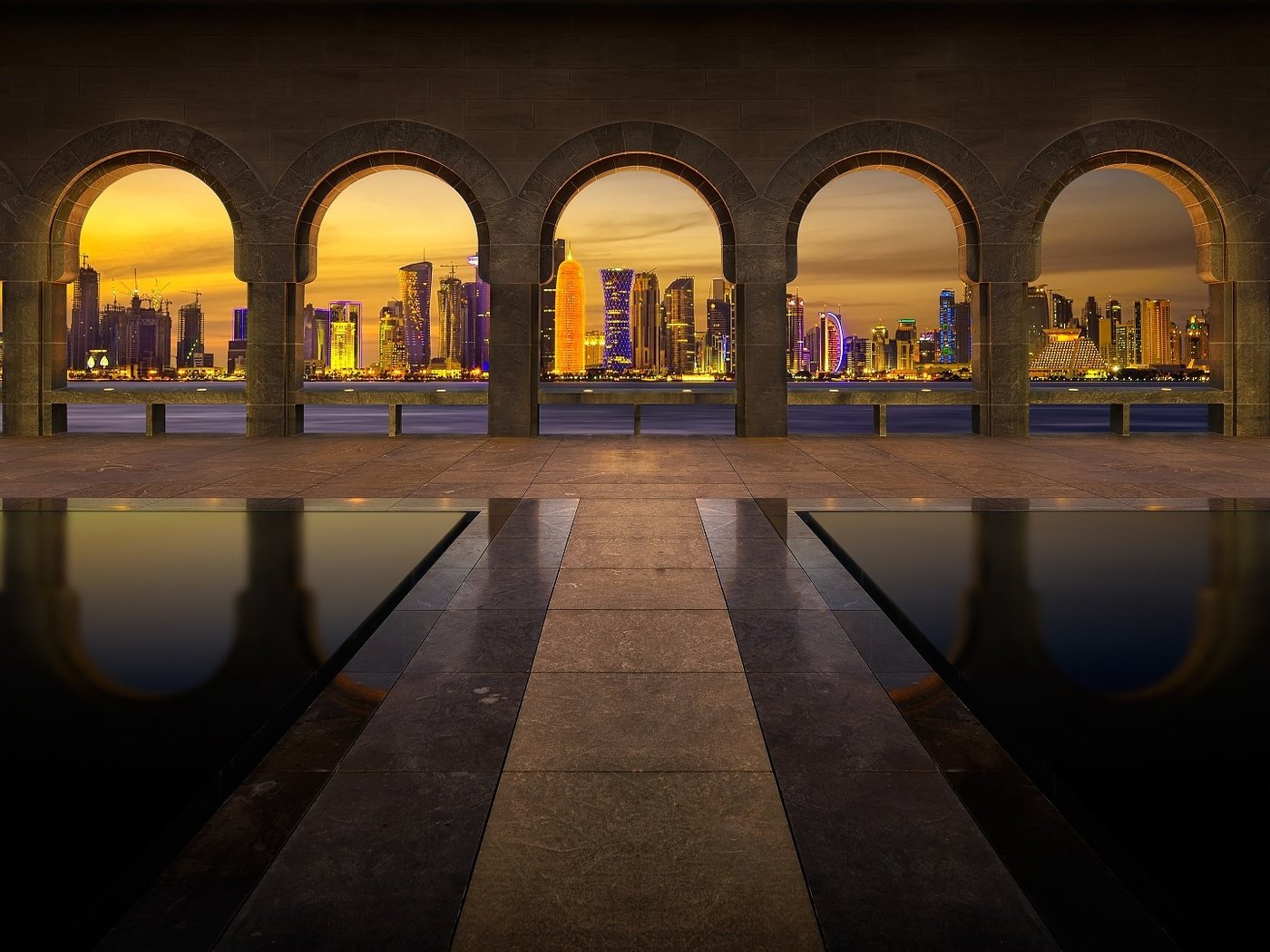 Обои столбы, отражение, горизонт, небоскребы, арки, музей, катар, доха, posts, reflection, horizon, skyscrapers, arch, museum, qatar, doha разрешение 1920x1080 Загрузить