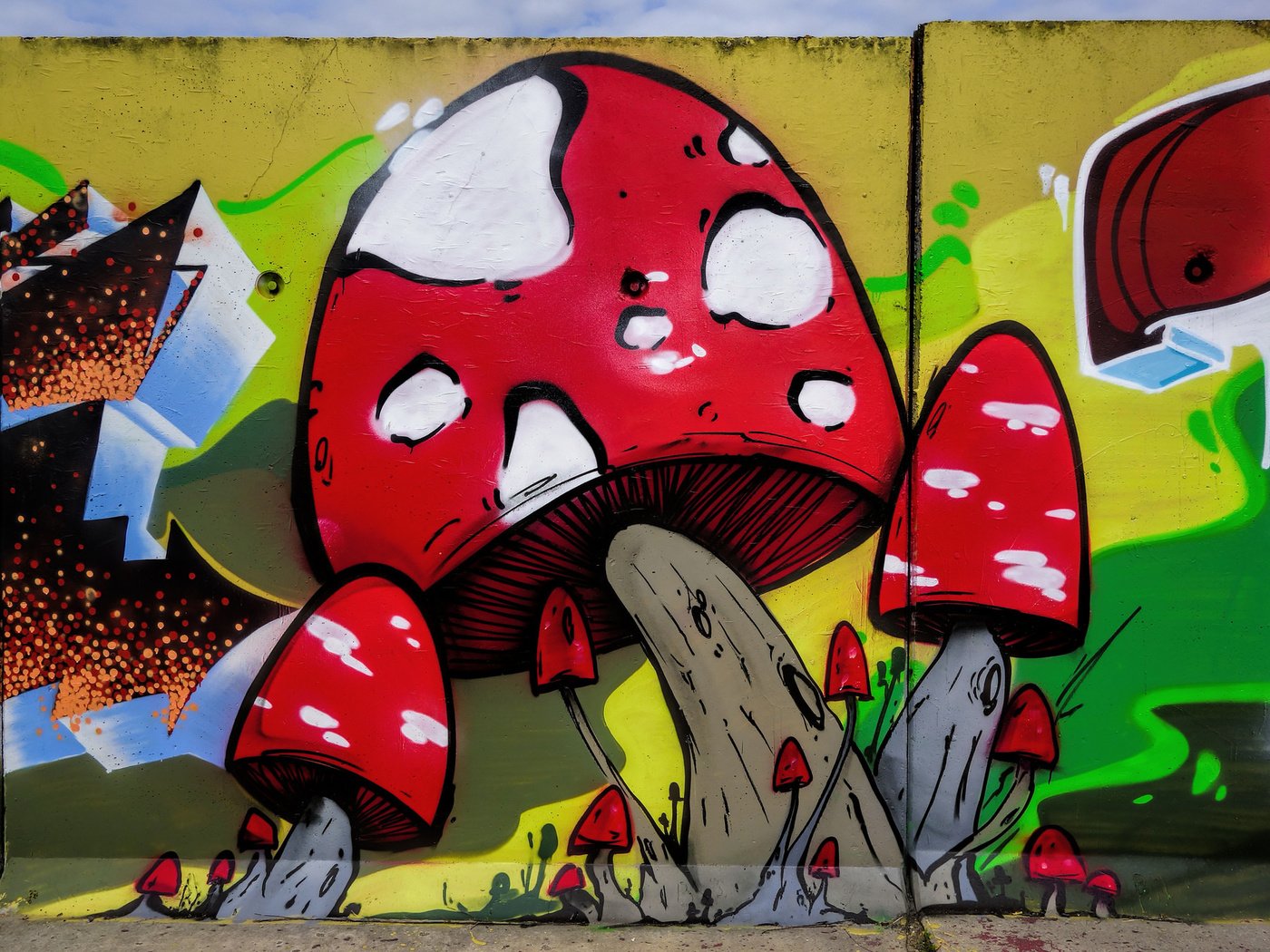 Обои арт, город, стена, грибы, графити, art, the city, wall, mushrooms, grafiti разрешение 2048x1365 Загрузить