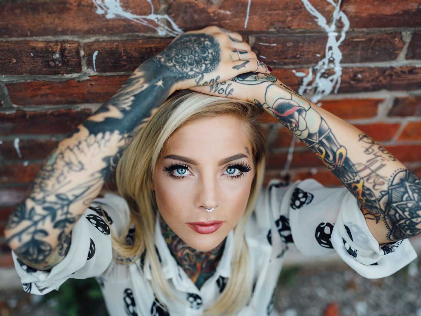 Обои глаза, madisonskye, tattoo girls, стиль, madison skye, кольца в носу, девушка, город, стена, тату, лицо, кирпич, eyes, style, nose rings, girl, the city, wall, tattoo, face, brick разрешение 5717x3729 Загрузить