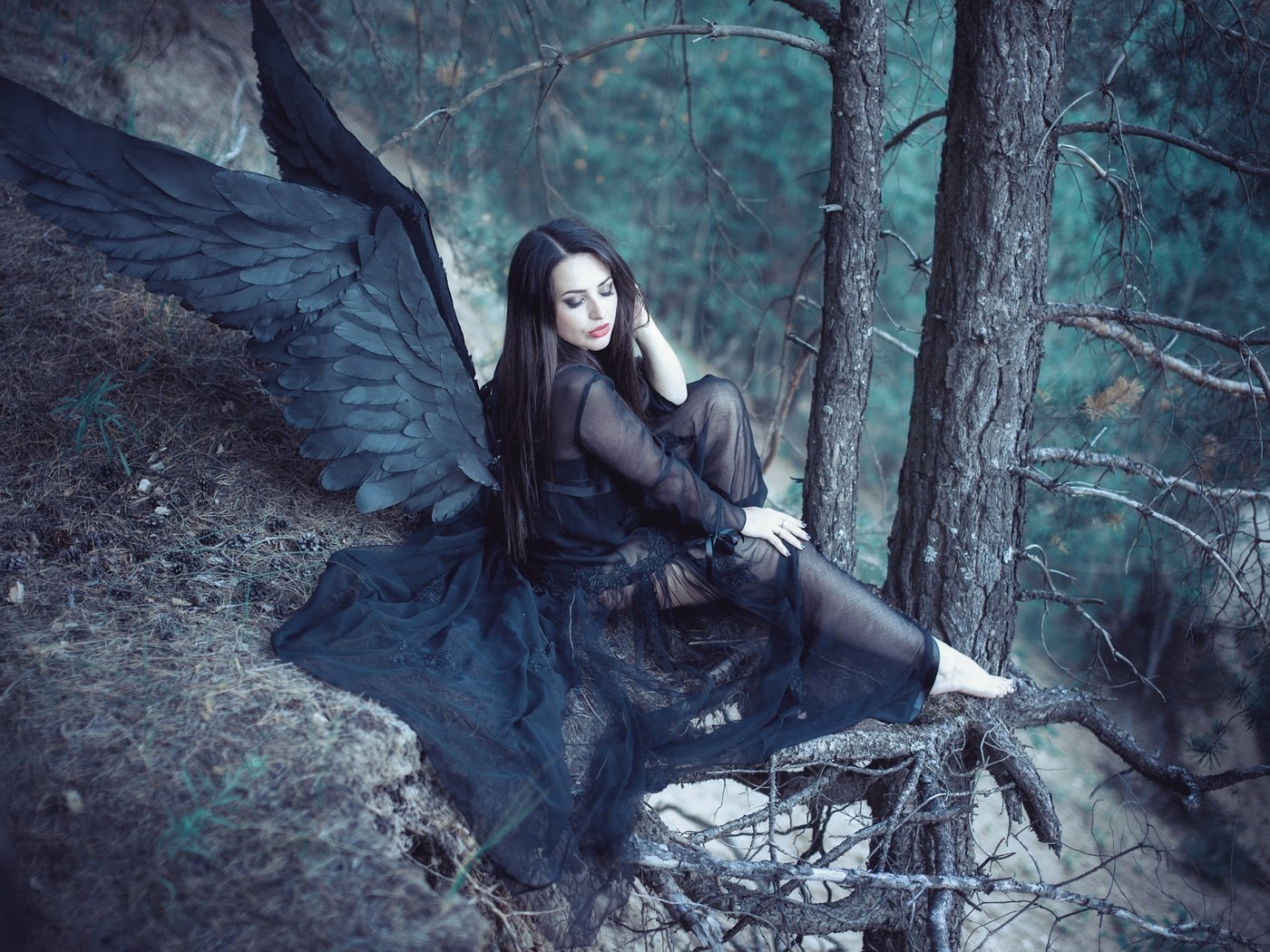 Обои лес, девушка, крылья, ангел, черные крылья, forest, girl, wings, angel, black wings разрешение 5616x3744 Загрузить