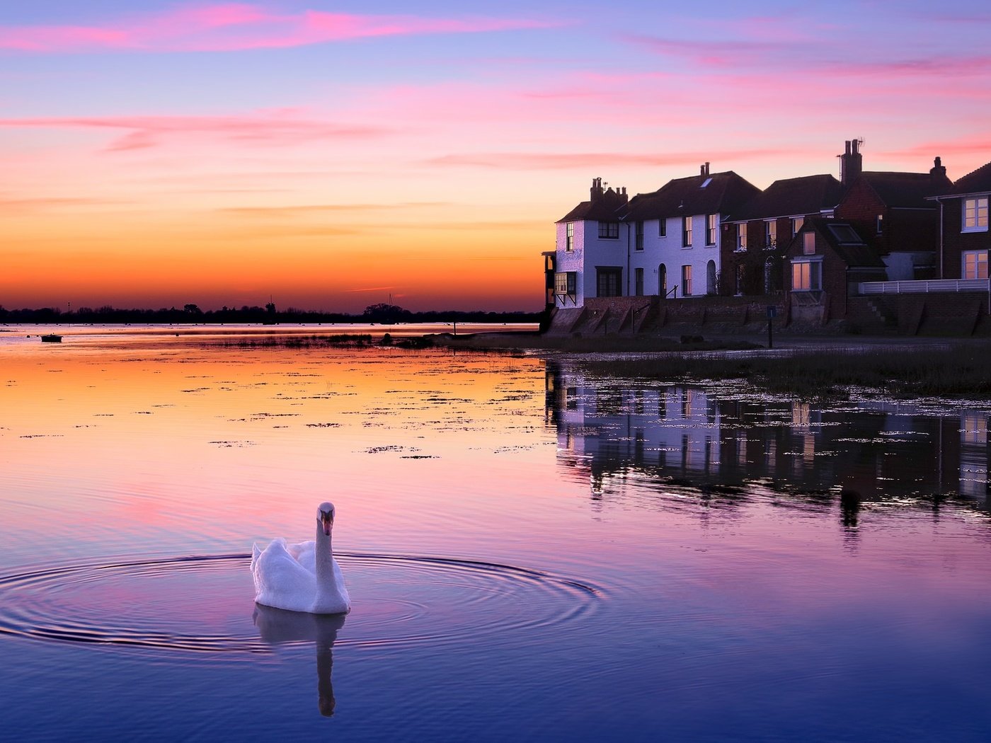 Обои озеро, закат, птица, здание, лебедь, lake, sunset, bird, the building, swan разрешение 2048x1202 Загрузить