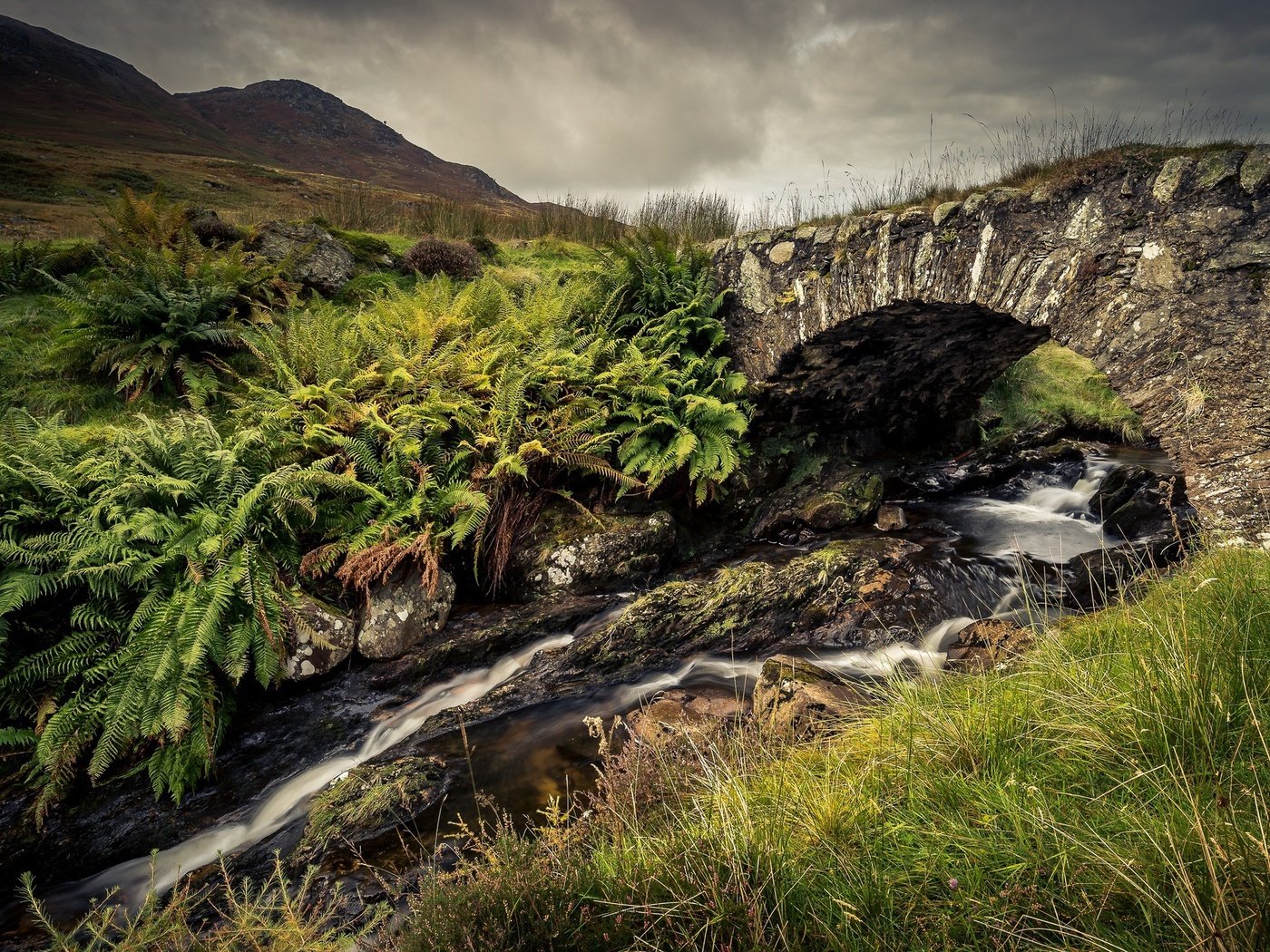 Обои трава, горы, камни, ручей, мост, папоротник, каменный мост, grass, mountains, stones, stream, bridge, fern, stone bridge разрешение 2048x1248 Загрузить