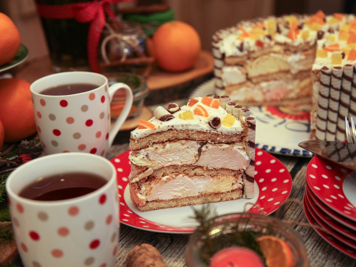 Обои чай, чашки, торт, десерт, пирожное, цукаты, крем, tea, cup, cake, dessert, candied, cream разрешение 1920x1280 Загрузить