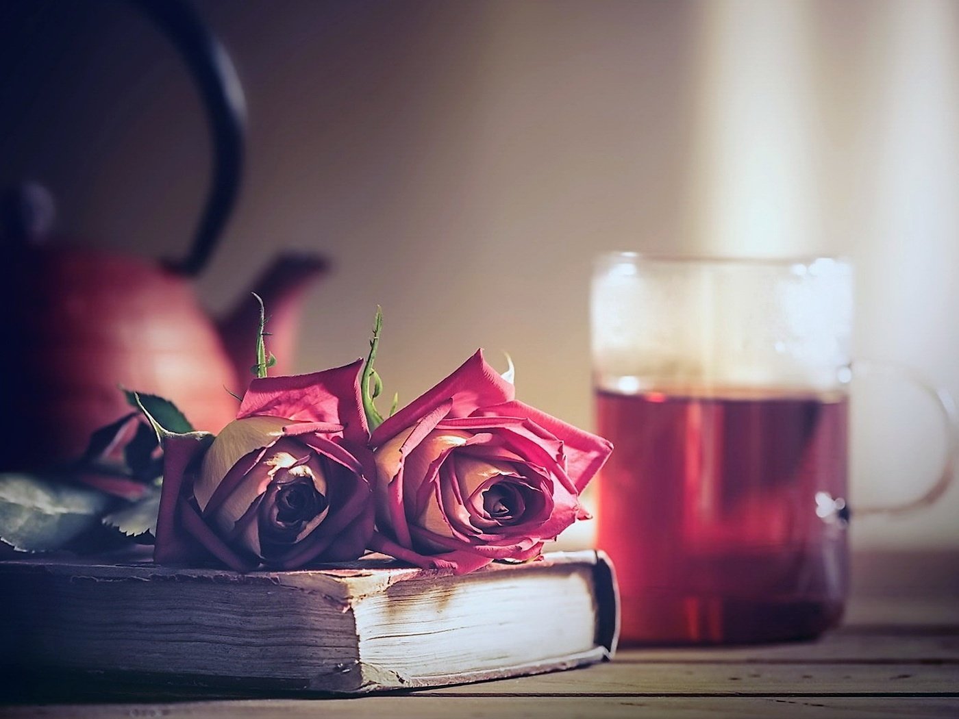 Обои цветы, розы, кружка, чай, книга, flowers, roses, mug, tea, book разрешение 1920x1200 Загрузить