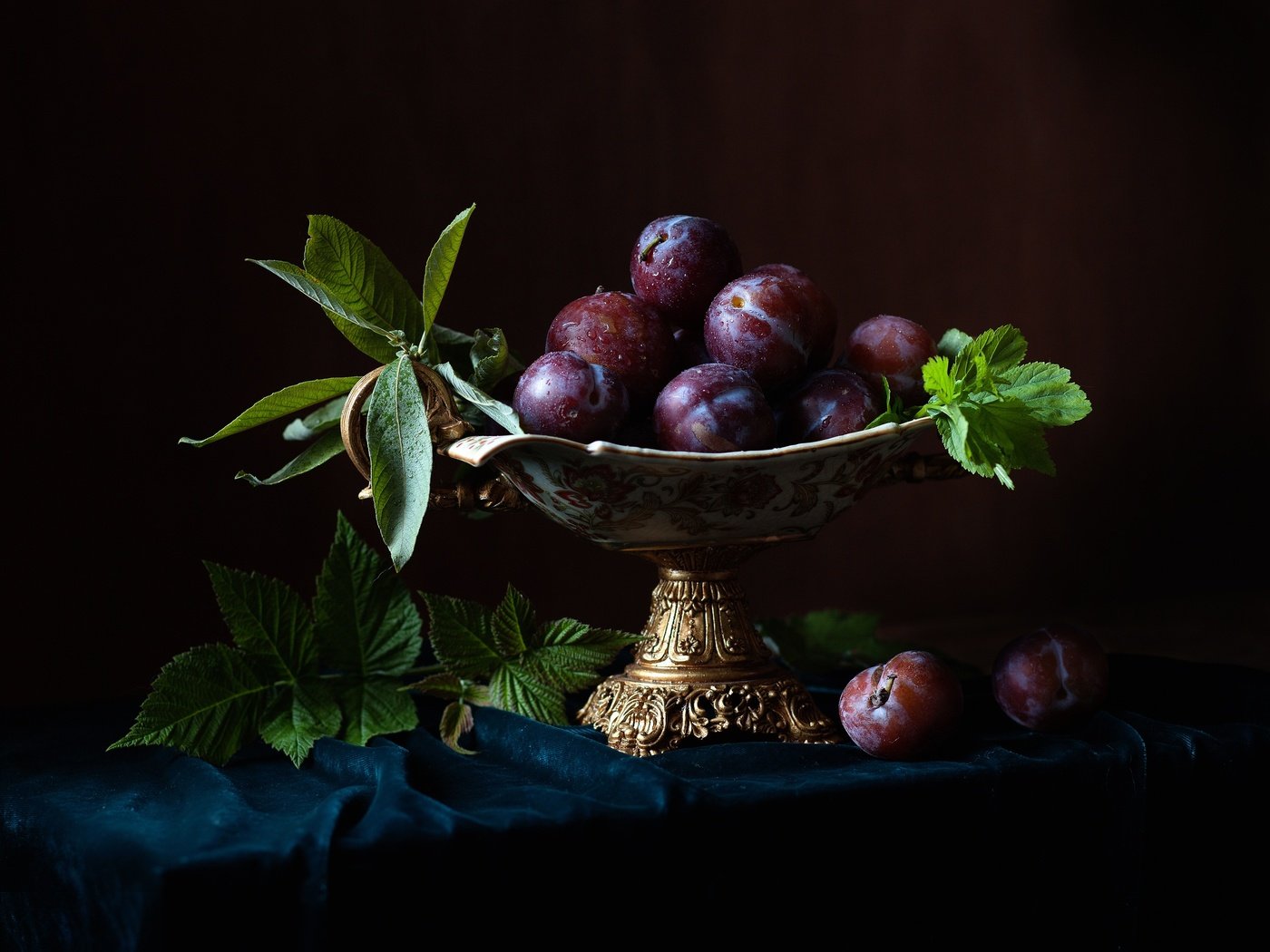 Обои листья, капли, фрукты, плоды, ваза, натюрморт, сливы, leaves, drops, fruit, vase, still life, plum разрешение 2500x1905 Загрузить