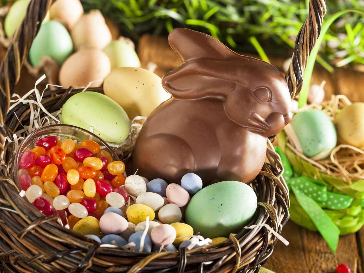 Обои конфеты, корзина, кролик, пасха, яйца, шоколад, candy, basket, rabbit, easter, eggs, chocolate разрешение 5616x3744 Загрузить