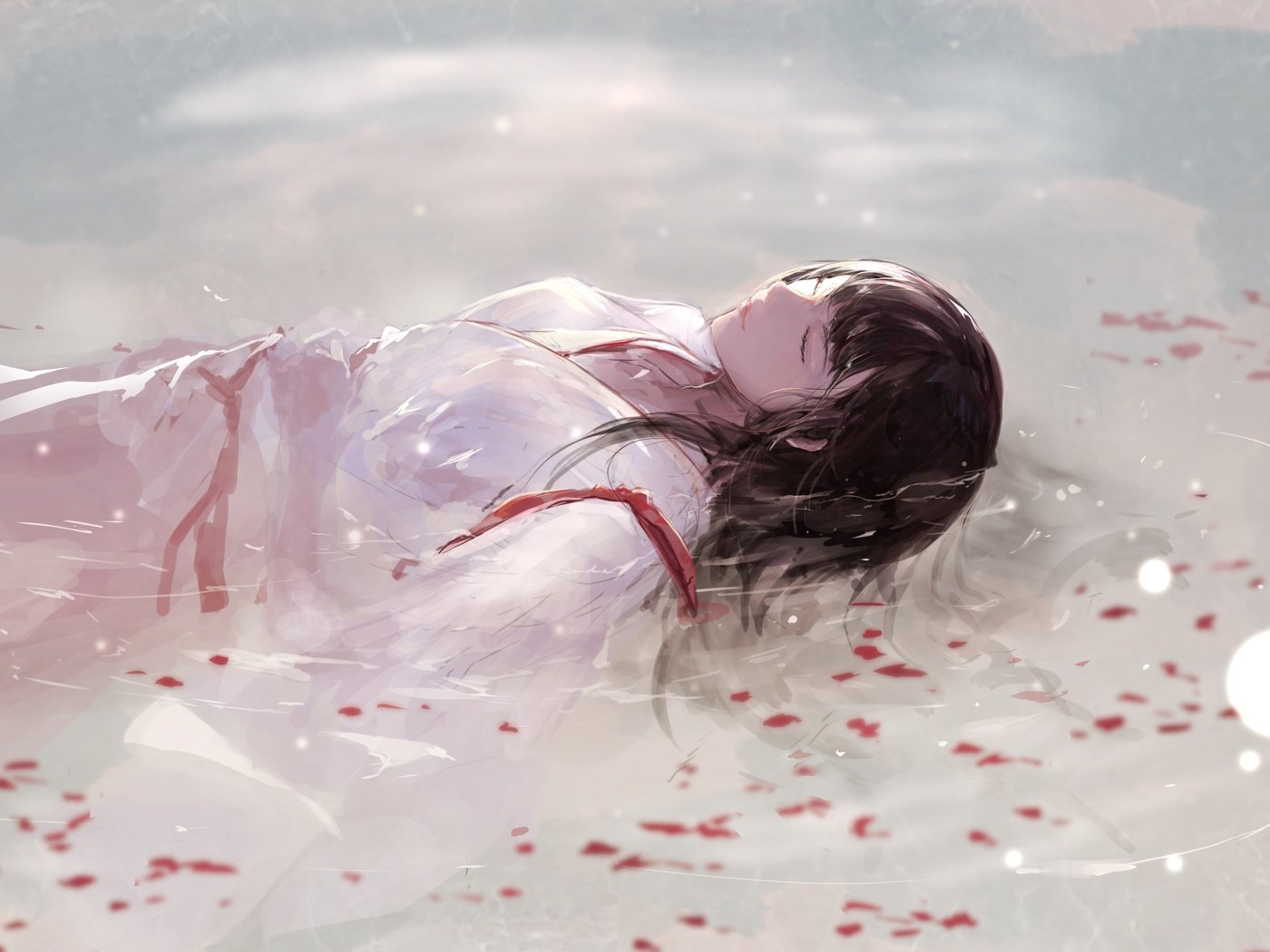 Обои вода, девушка, лепестки, сон, кимоно, akagi, традиционная одежда, water, girl, petals, sleep, kimono, traditional clothing разрешение 2865x2026 Загрузить