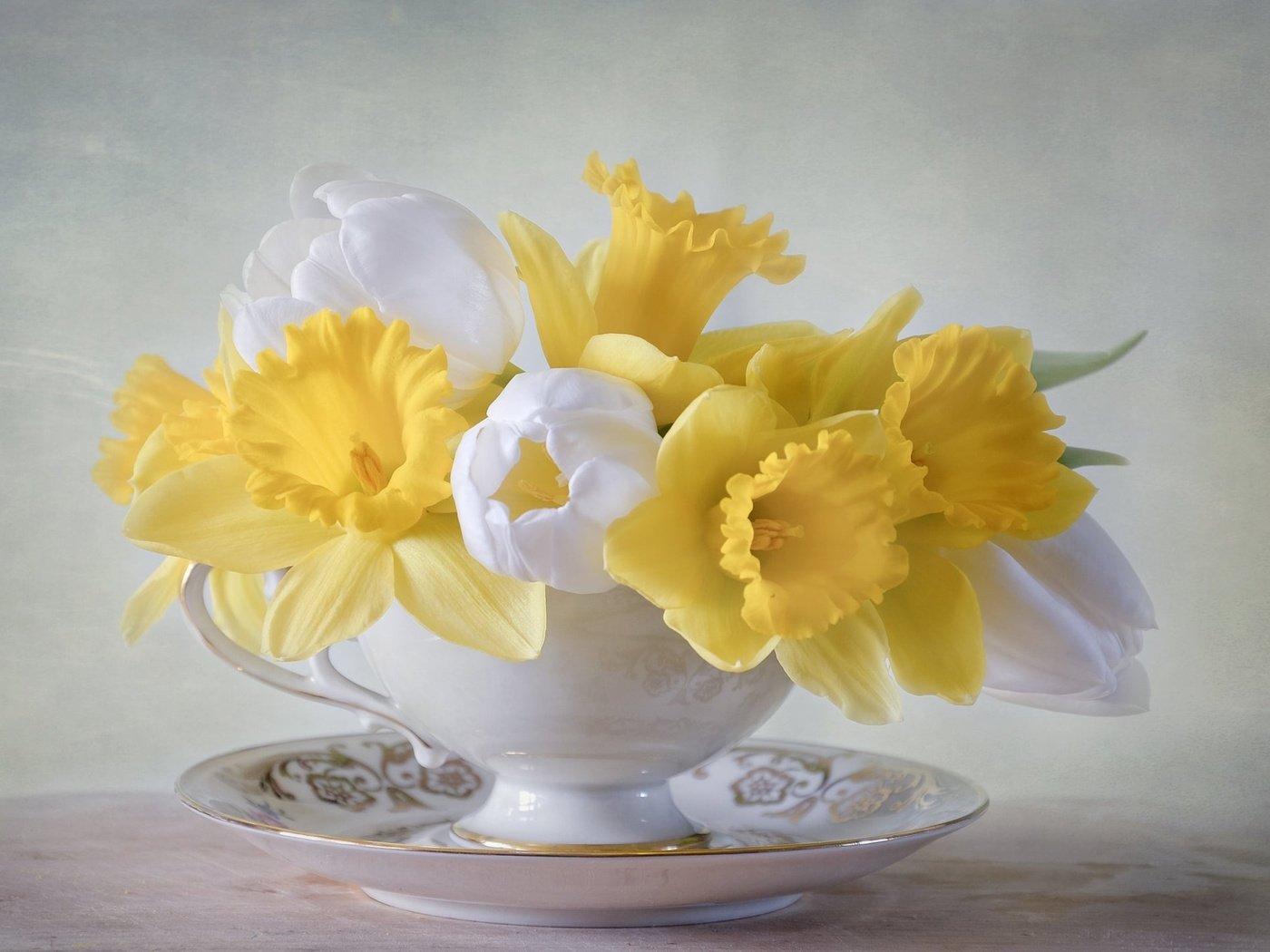 Обои цветы, блюдце, букет, тюльпаны, чашка, нарциссы, flowers, saucer, bouquet, tulips, cup, daffodils разрешение 2048x1434 Загрузить