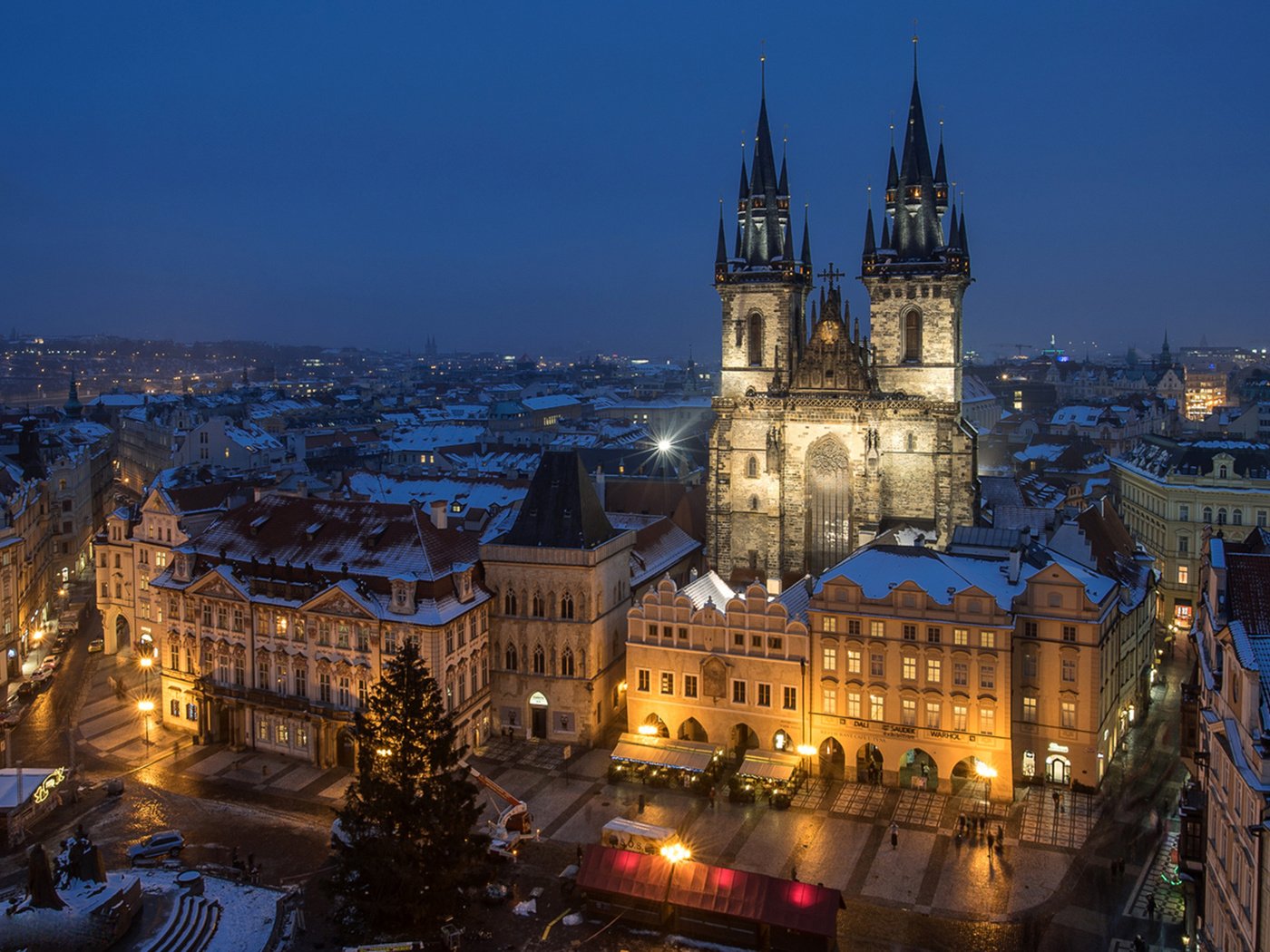 Обои ночь, город, церковь, сумерки, прага, чехия, тынский храм, night, the city, church, twilight, prague, czech republic, tyn church разрешение 1920x1080 Загрузить