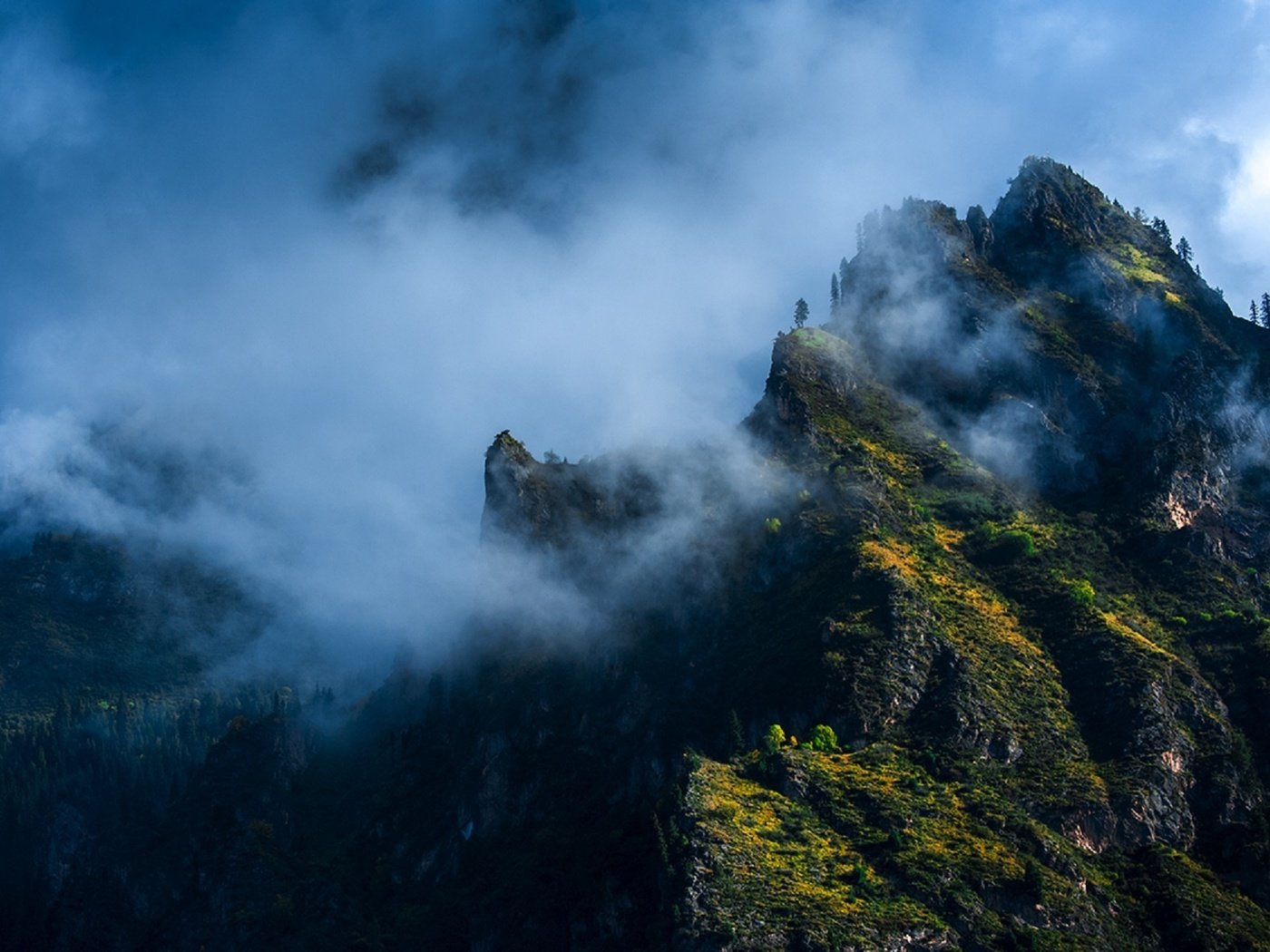 Обои горы, лес, туман, каменный город, дэн donglin, mountains, forest, fog, stone town, deng donglin разрешение 1920x1268 Загрузить