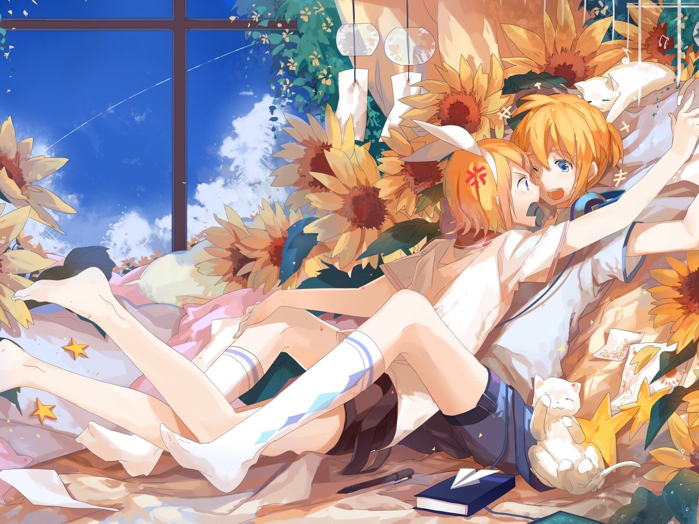 Обои вокалоид, подсолнухи, kagamine rin, блонд, kagamine len, vocaloid, sunflowers, blonde разрешение 2021x1200 Загрузить