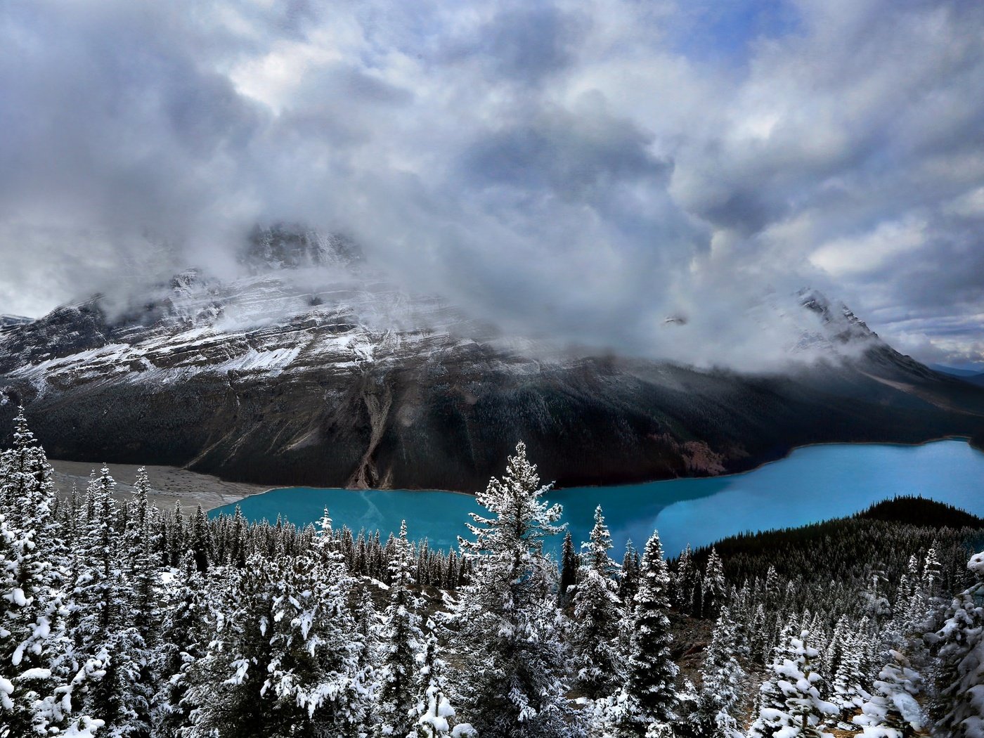 Обои небо, peyto lake, облака, озеро, горы, природа, лес, канада, национальный парк банф, the sky, clouds, lake, mountains, nature, forest, canada, banff national park разрешение 2048x1165 Загрузить