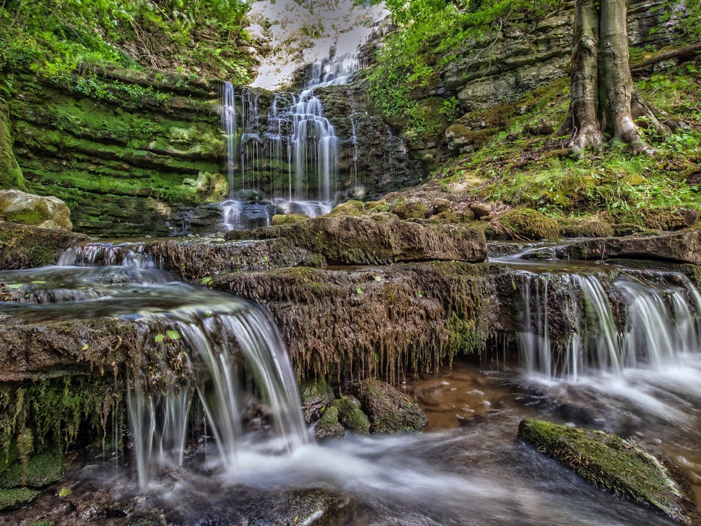 Обои скалы, камни, ручей, водопад, каскад, rocks, stones, stream, waterfall, cascade разрешение 2048x1171 Загрузить