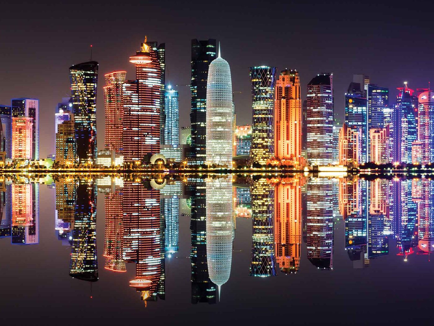 Обои ночь, огни, отражение, город, катар, доха, night, lights, reflection, the city, qatar, doha разрешение 1920x1080 Загрузить