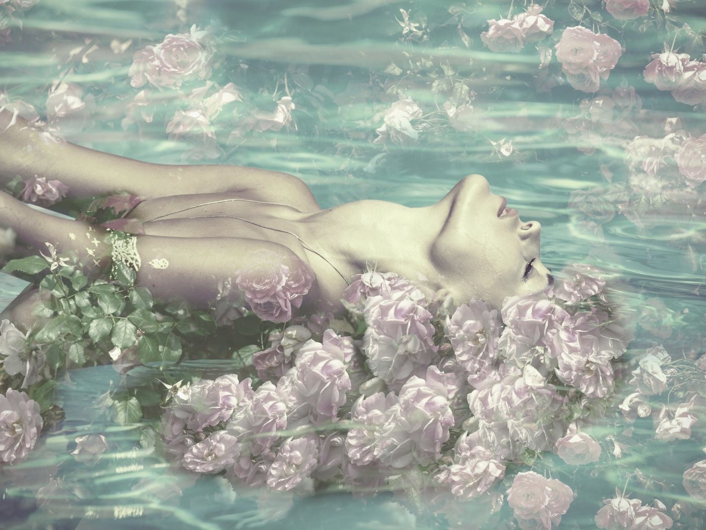 Обои цветы, вода, девушка, розы, закрытые глаза, flowers, water, girl, roses, closed eyes разрешение 1920x1200 Загрузить