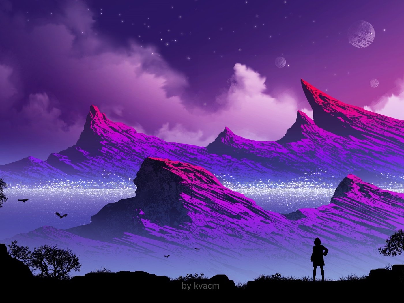 Обои горы, девушка, силуэт, mountains, girl, silhouette разрешение 1920x1080 Загрузить