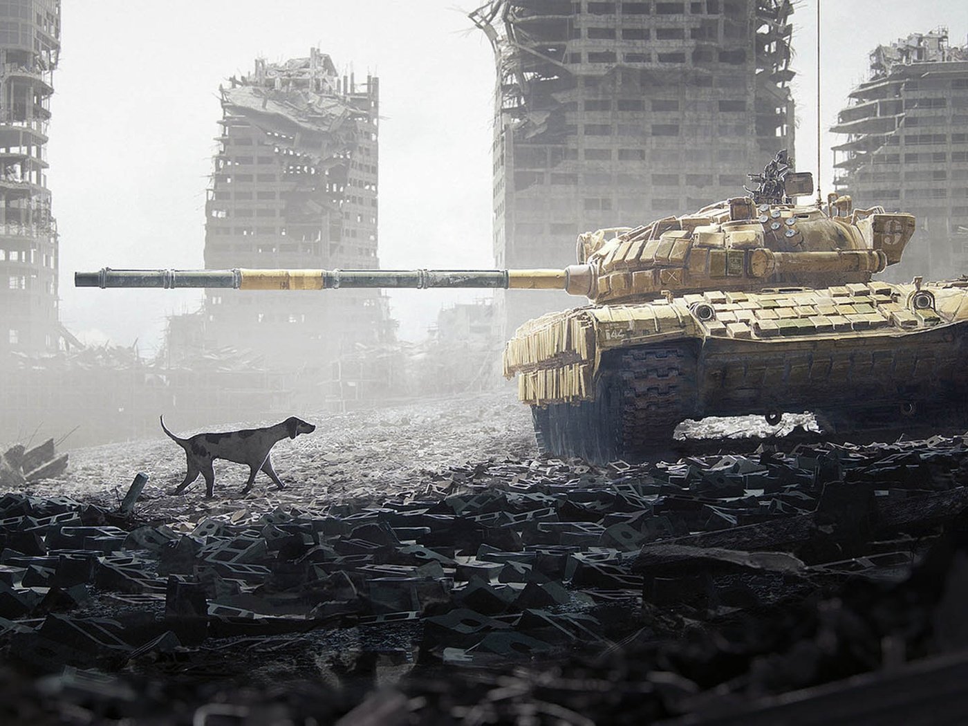 Обои война, город, собака, разруха, танк, здания, war, the city, dog, devastation, tank, building разрешение 1920x1080 Загрузить