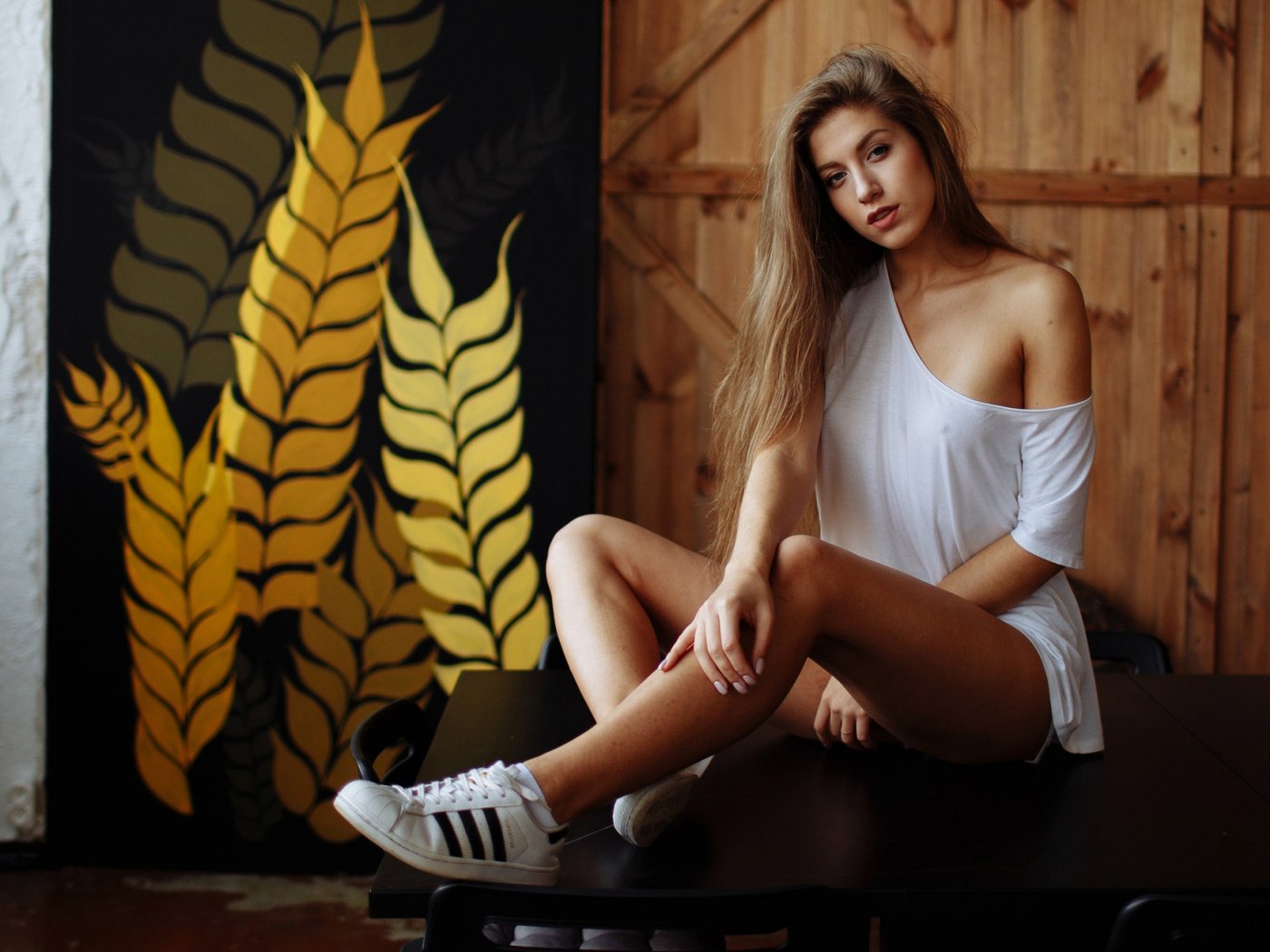 Обои девушка, поза, взгляд, плечо, кроссовки, длинные волосы, girl, pose, look, shoulder, sneakers, long hair разрешение 2112x1188 Загрузить