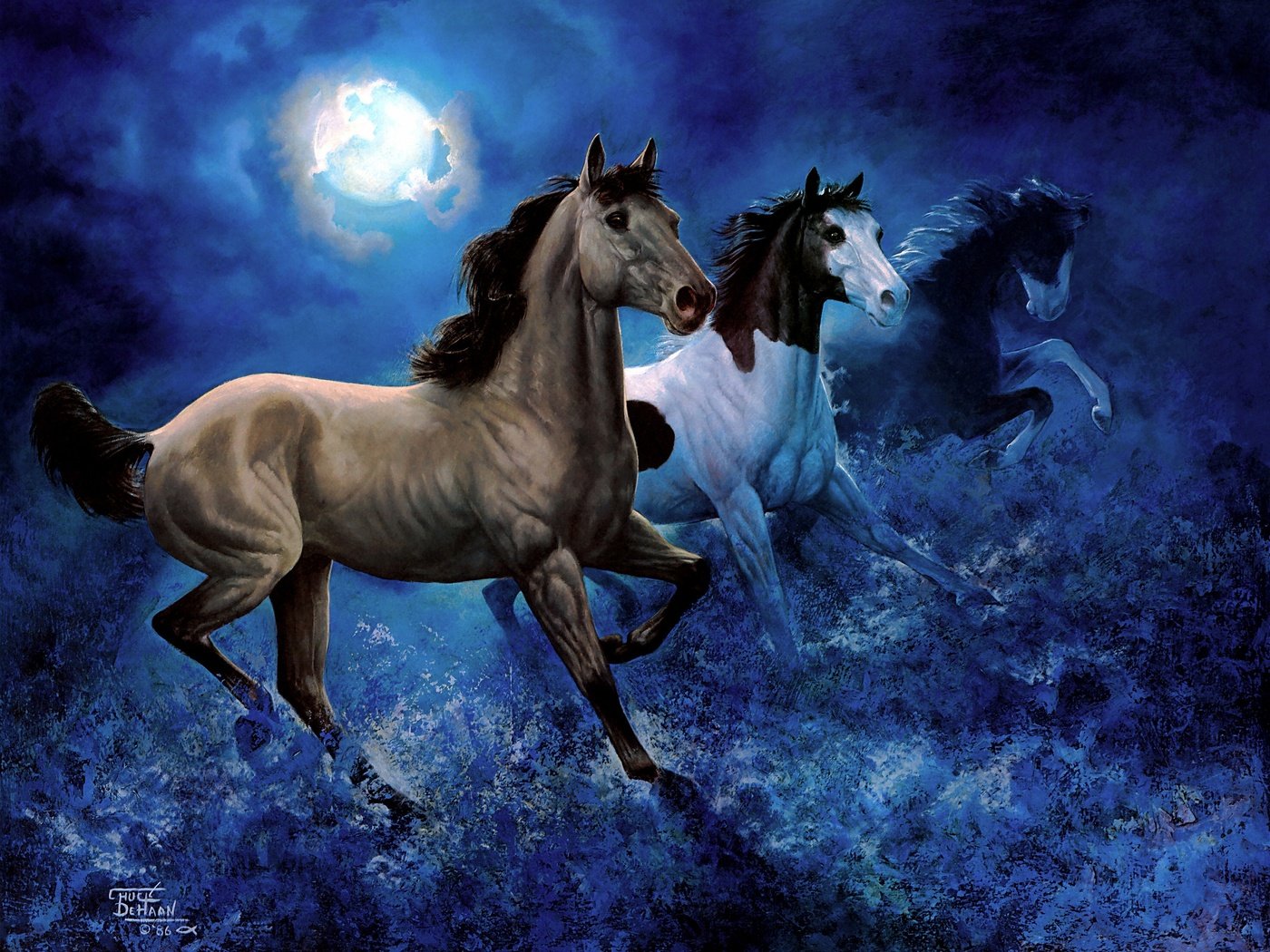 Обои небо, арт, ночь, луна, лошади, кони, бег, the sky, art, night, the moon, horse, horses, running разрешение 2948x2241 Загрузить