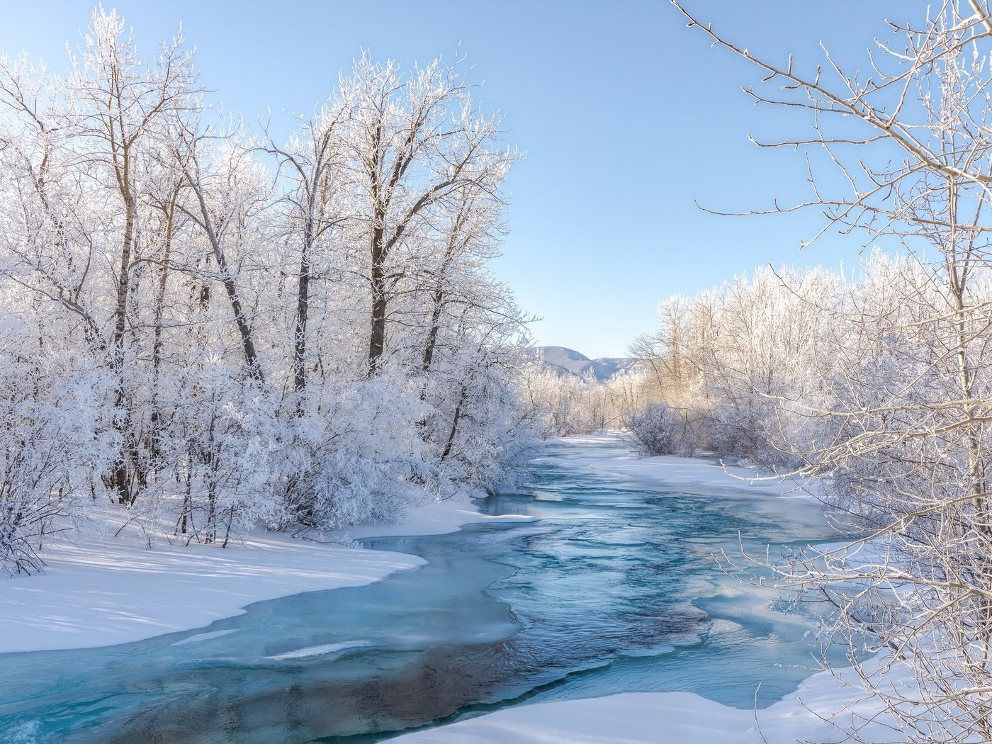 Обои небо, иней, деревья, берега, река, снег, природа, лес, зима, ветки, the sky, frost, trees, bank, river, snow, nature, forest, winter, branches разрешение 2048x1375 Загрузить