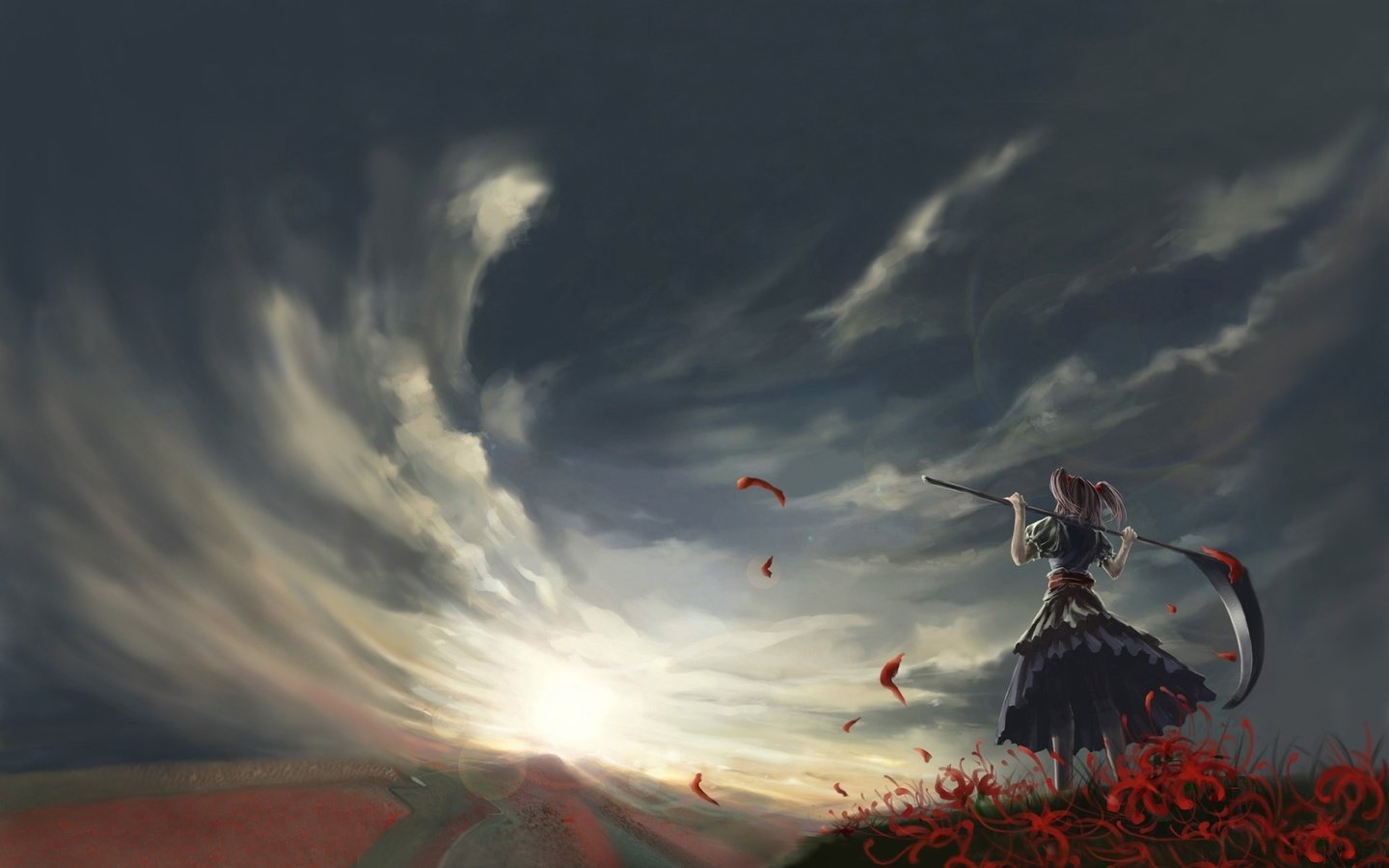 Обои небо, облака, девушка, поле, ветер, onozuka komachi, коса, the sky, clouds, girl, field, the wind, braid разрешение 1920x1200 Загрузить