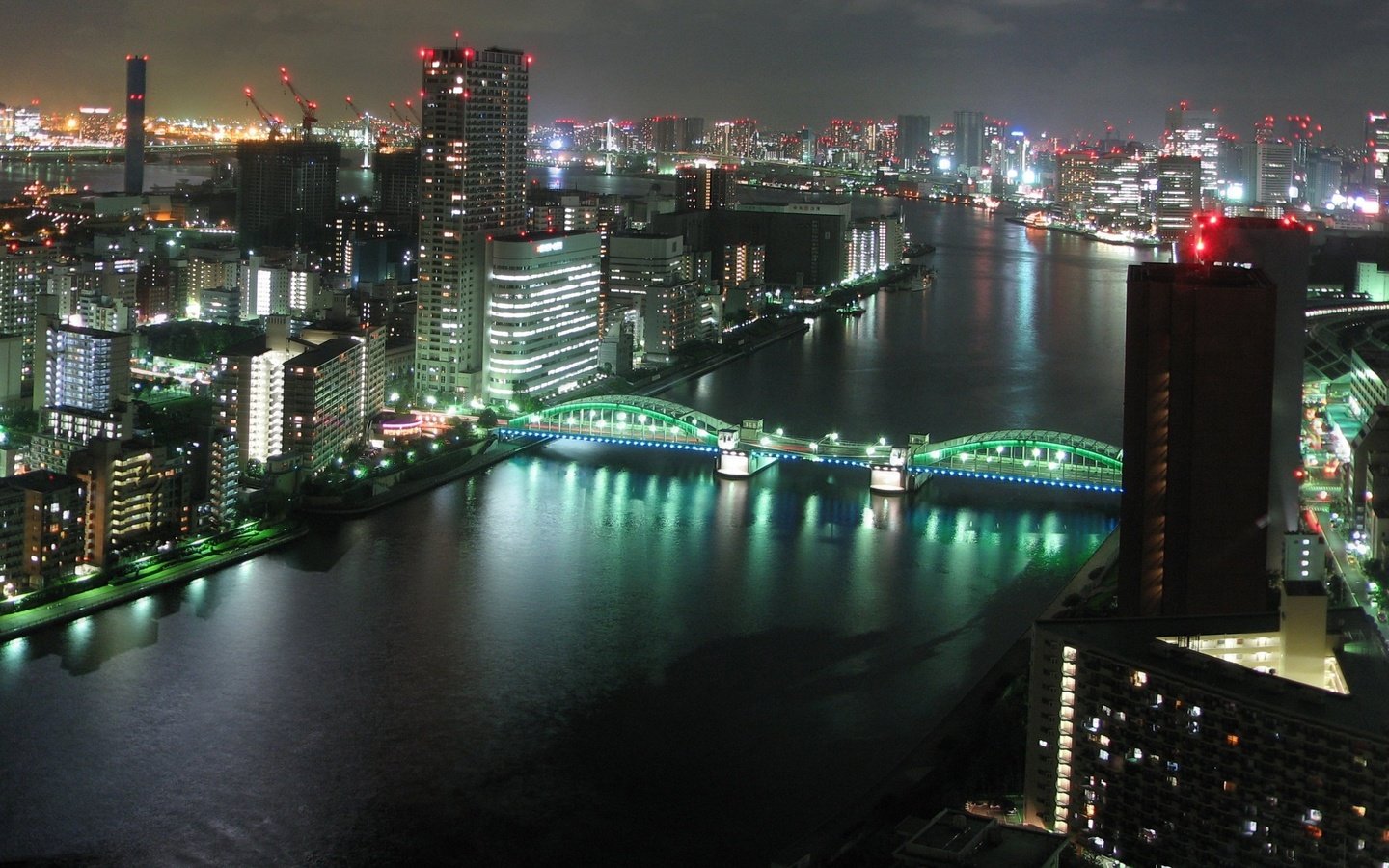 Обои ночь, река, мост, японии, токио, night, river, bridge, japan, tokyo разрешение 5120x1600 Загрузить