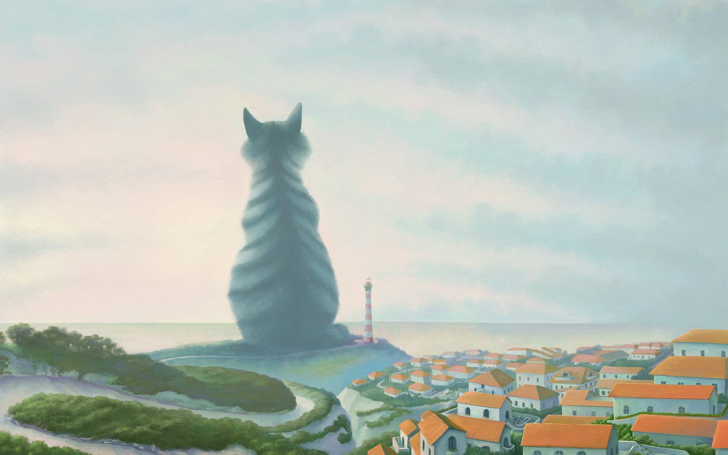 Обои кот, маяк, город, великан, cat, lighthouse, the city, giant разрешение 1920x1200 Загрузить