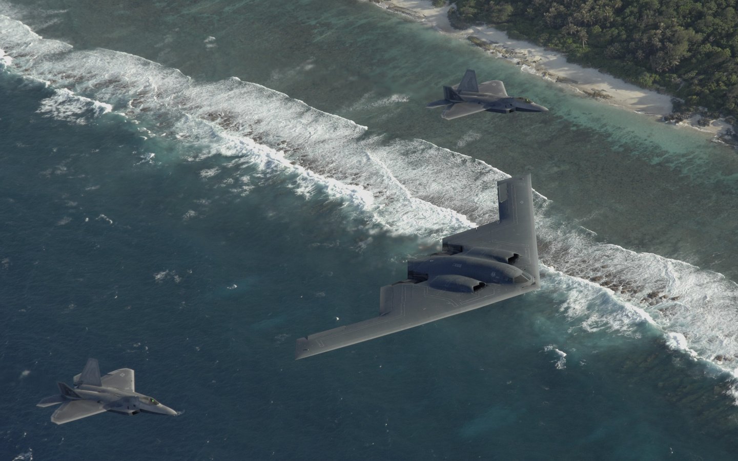 Обои two f22, b-2, pacific ocean разрешение 2700x1665 Загрузить