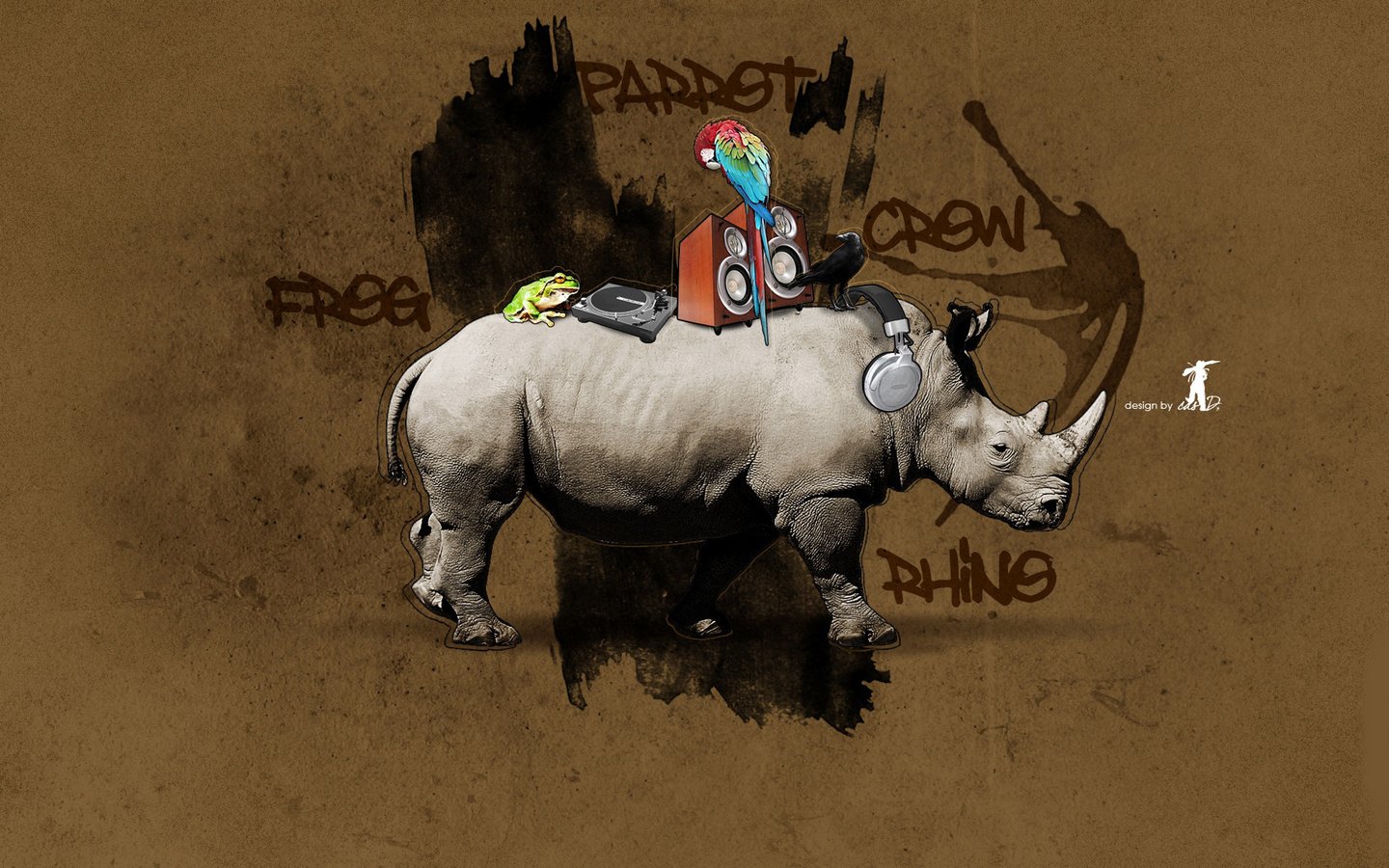 Обои граффити, носорог, попугай, лягуха, ворона, дезайн, graffiti, rhino, parrot, frog, crow, design разрешение 1920x1200 Загрузить