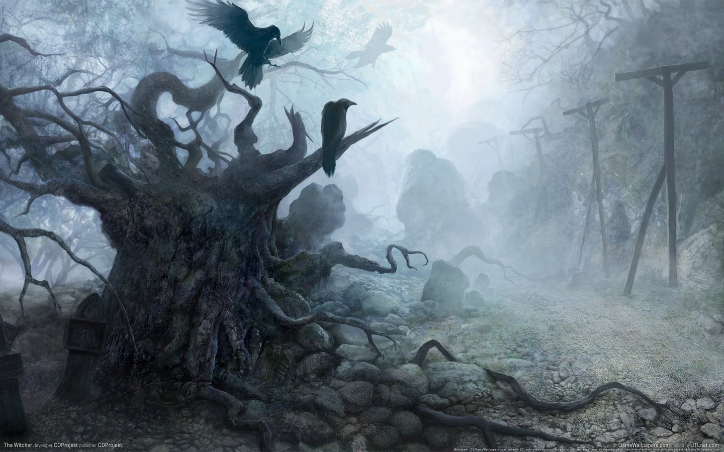 Обои рисунок, камни, мрак, ведьмак, вороны, figure, stones, the darkness, the witcher, crows разрешение 1920x1200 Загрузить