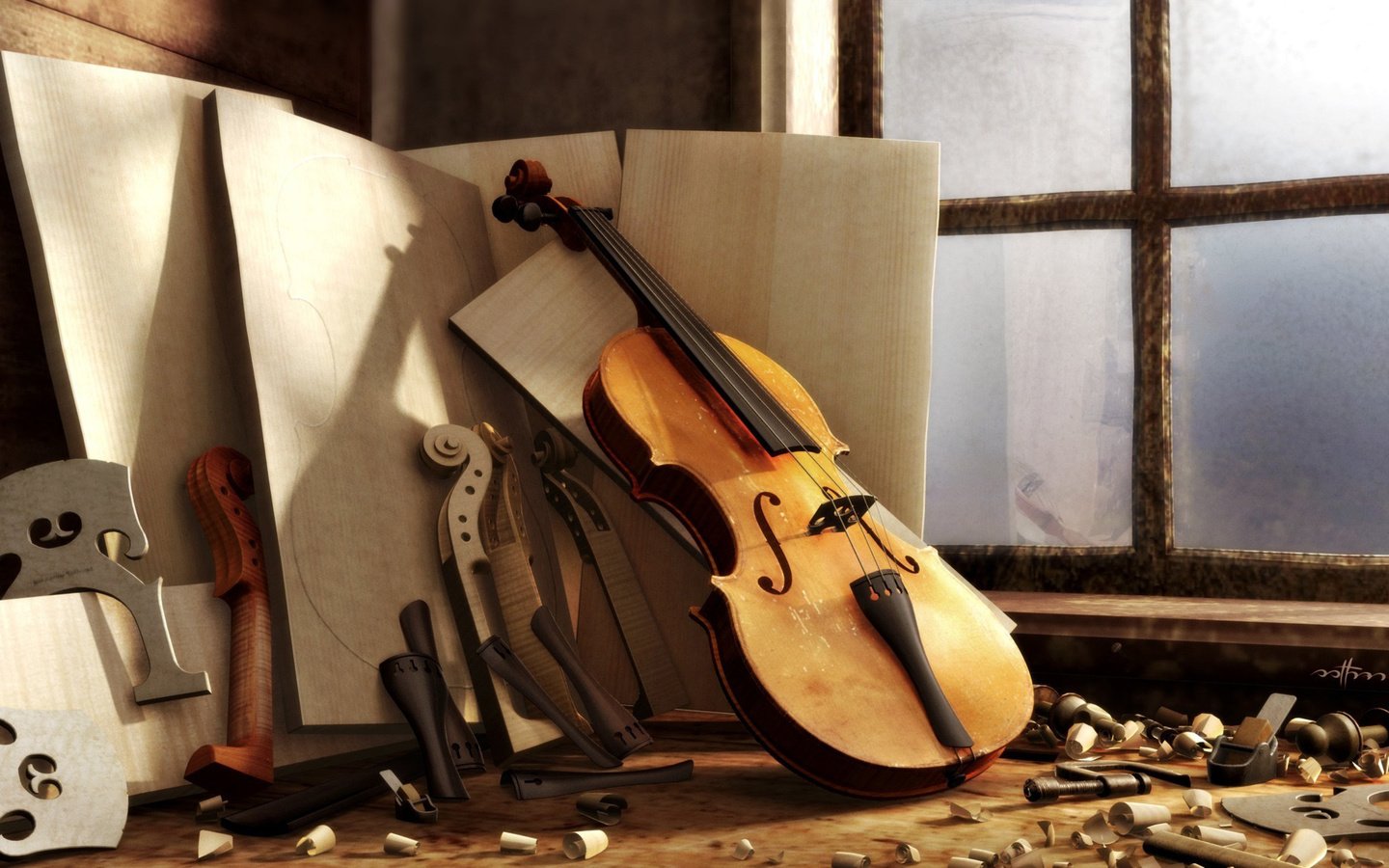 Обои скрипка, мастерская, окно, древесина, опилки, violin, workshop, window, wood, sawdust разрешение 2048x1152 Загрузить