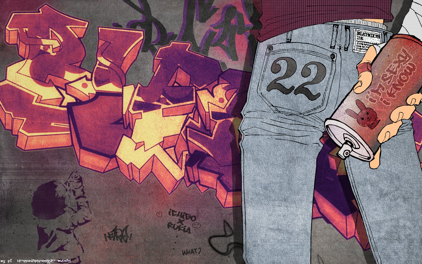 Обои стена, джинсы, граффити, kubo tite, kurosaki ichigo, балончик, графитти, блич, wall, jeans, graffiti, spray, bleach разрешение 1920x1200 Загрузить