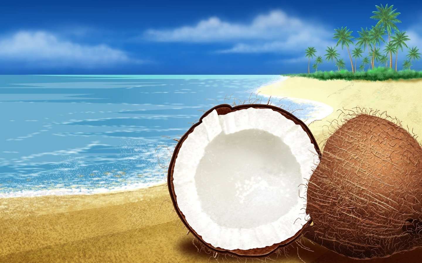 Обои море, песок, кокос, sea, sand, coconut разрешение 1920x1200 Загрузить