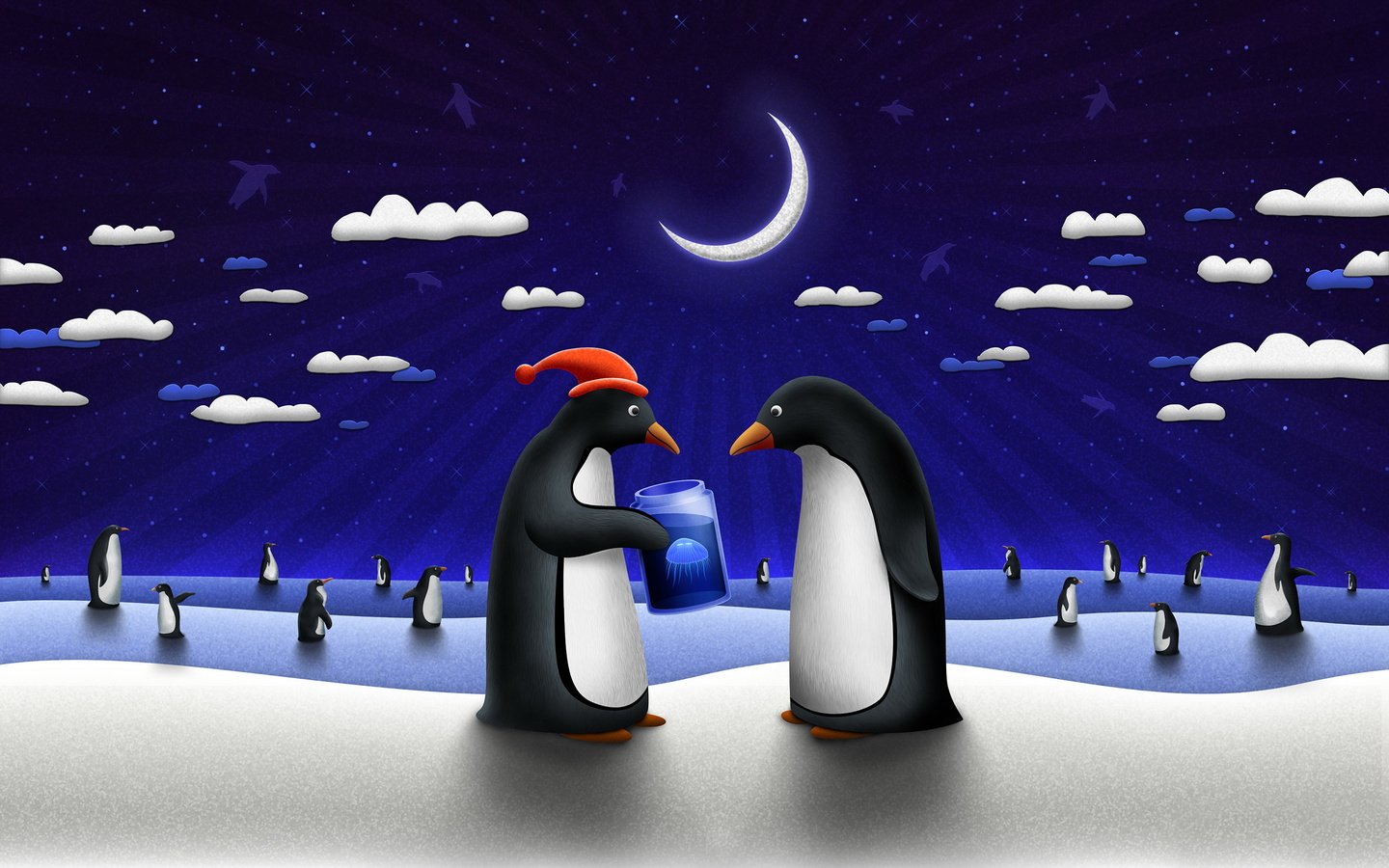Обои луна, пара, пингвин, the moon, pair, penguin разрешение 2560x1600 Загрузить