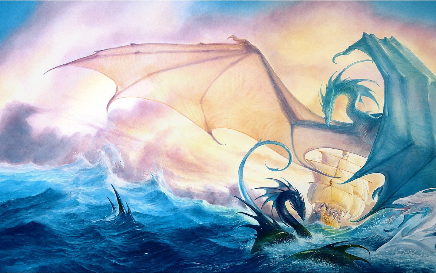 Обои фентези, море, корабль, драконы, fantasy, sea, ship, dragons разрешение 1950x1100 Загрузить