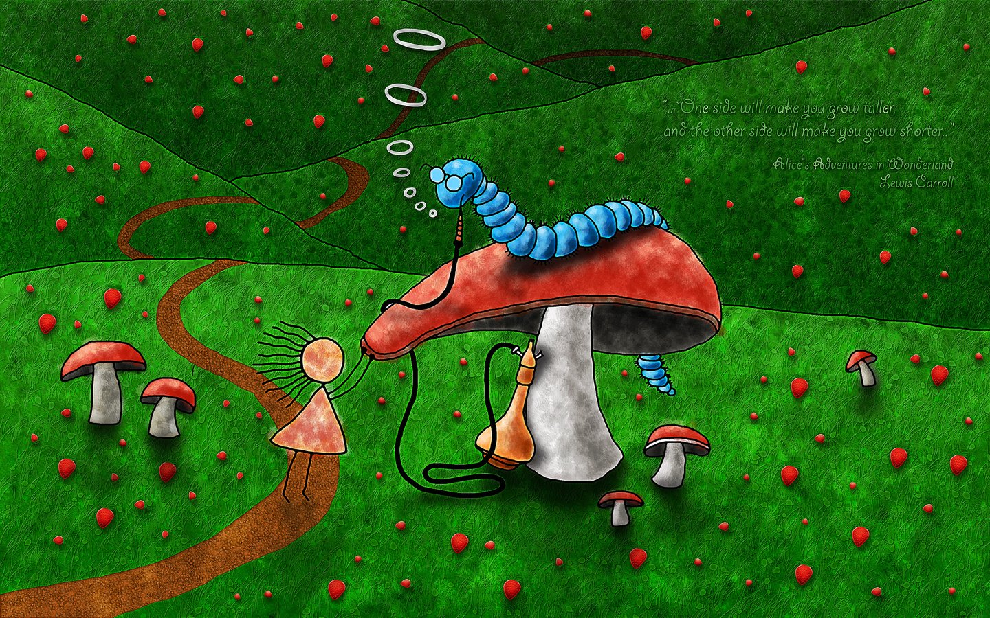 Обои грибы, тропа, алиса, гусеница, mushrooms, trail, alice, caterpillar разрешение 2560x1600 Загрузить