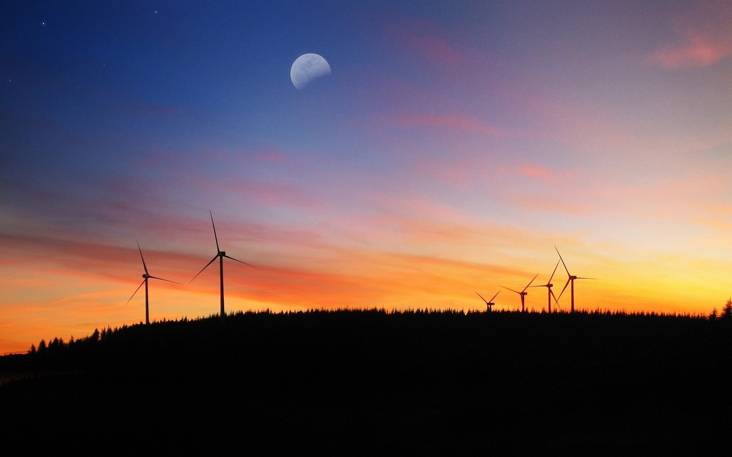 Обои вечер, луна, ветряки, ветротурбины, the evening, the moon, windmills, wind turbine разрешение 1920x1200 Загрузить