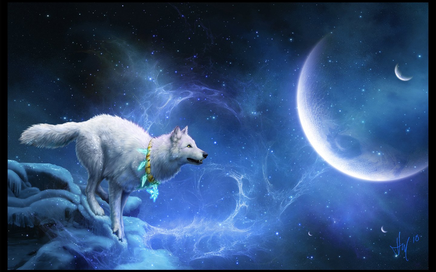 Обои звезды, планеты, белый, волк, мистика, stars, planet, white, wolf, mystic разрешение 2882x1871 Загрузить