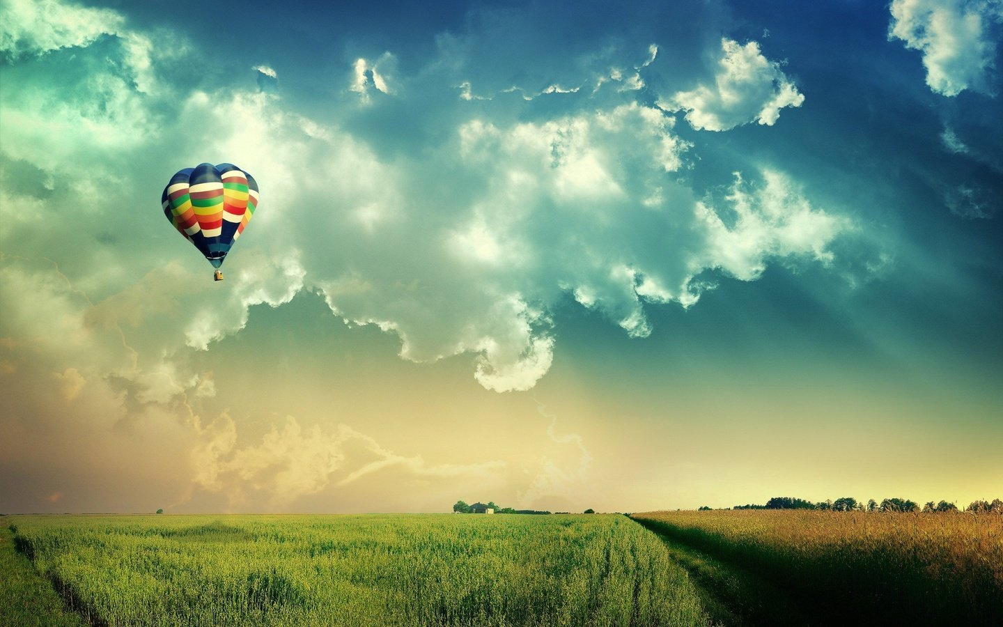 Обои небо, облака, поля, воздушный шар, the sky, clouds, field, balloon разрешение 2560x1600 Загрузить