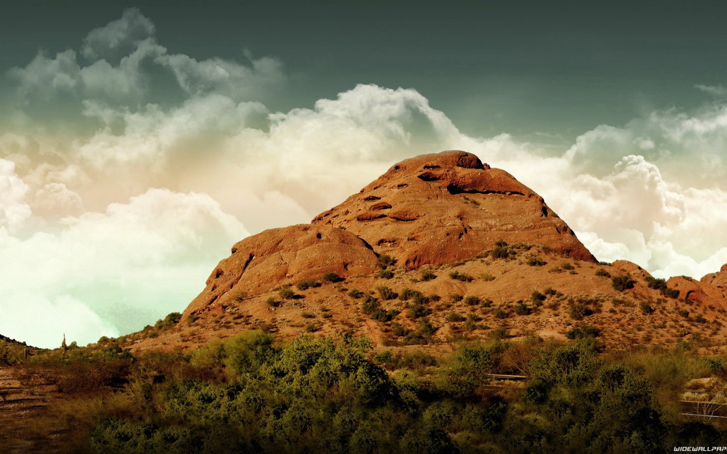 Обои небо, облака, пустыня, гора, вершина, растительность, the sky, clouds, desert, mountain, top, vegetation разрешение 1920x1080 Загрузить