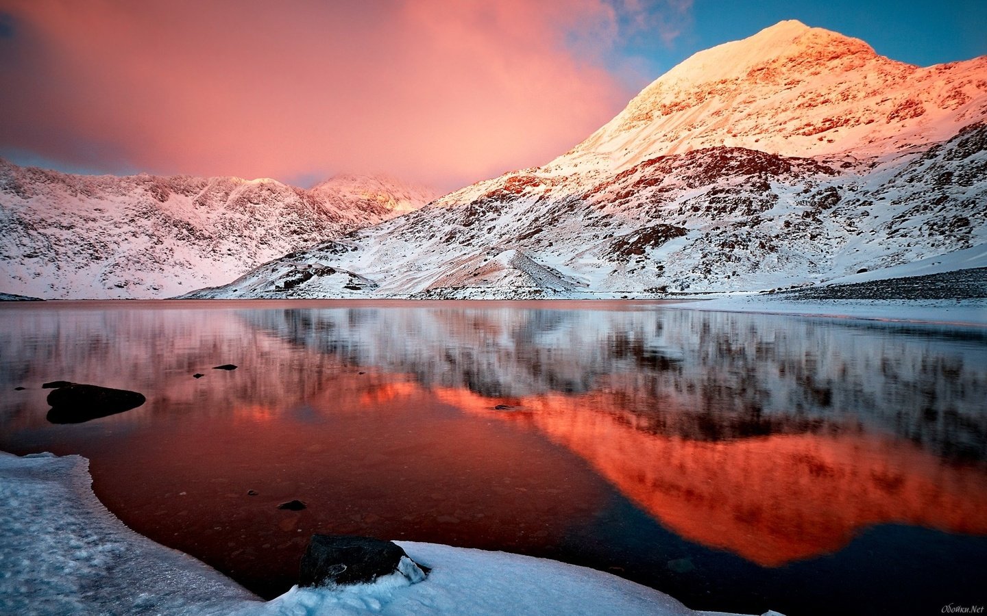 Обои небо, облака, озеро, горы, снег, природа, отражение, гора, the sky, clouds, lake, mountains, snow, nature, reflection, mountain разрешение 1920x1200 Загрузить